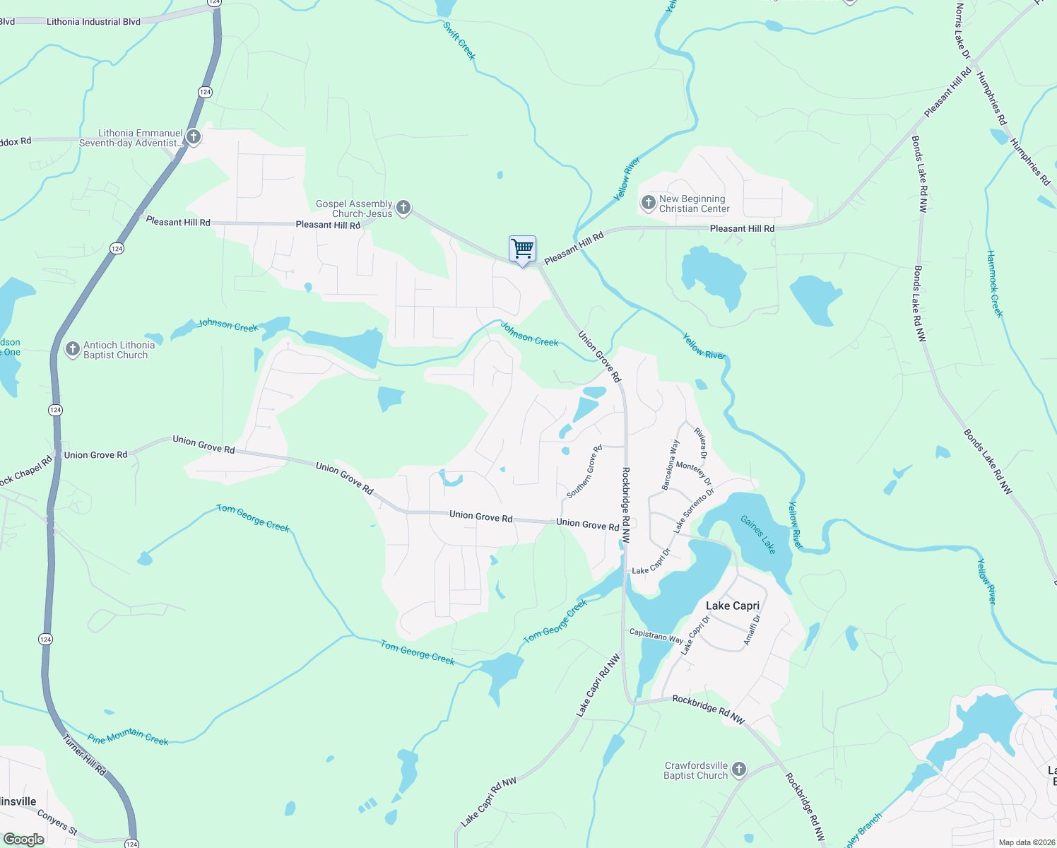 map of restaurants, bars, coffee shops, grocery stores, and more near 2391 Harmony Ridge Court in Lithonia