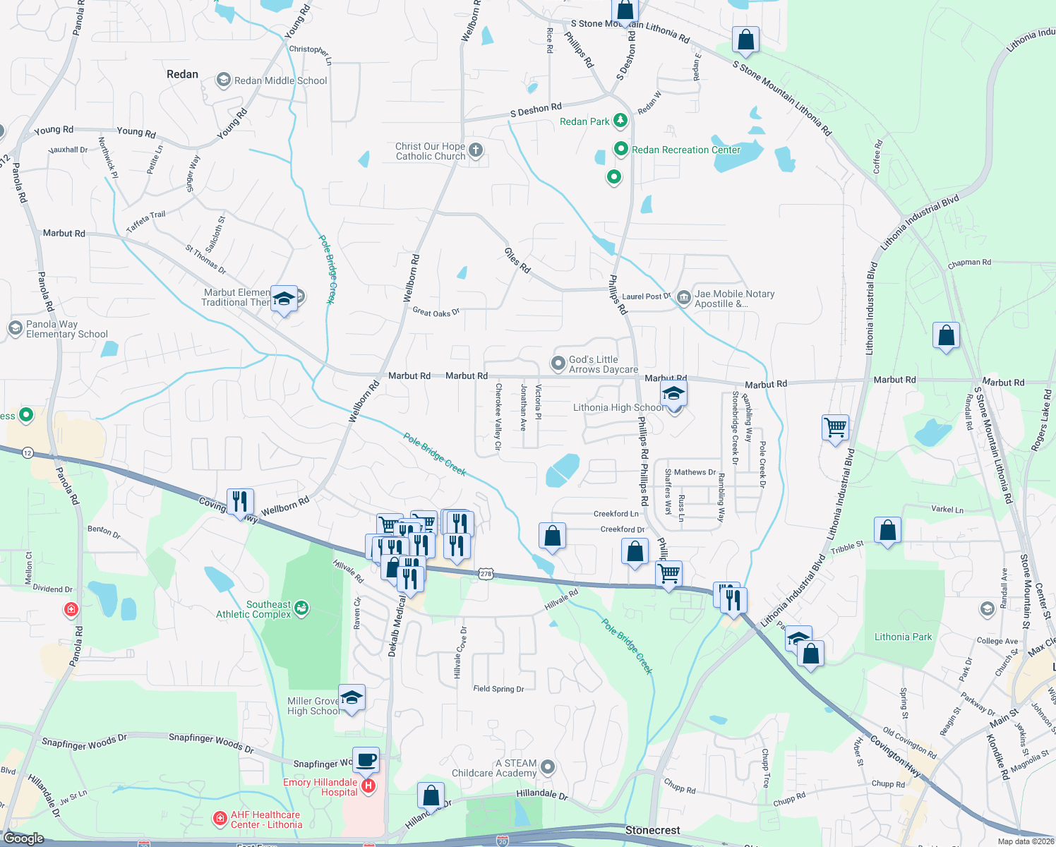 map of restaurants, bars, coffee shops, grocery stores, and more near 2185 Jonathan Avenue in Lithonia