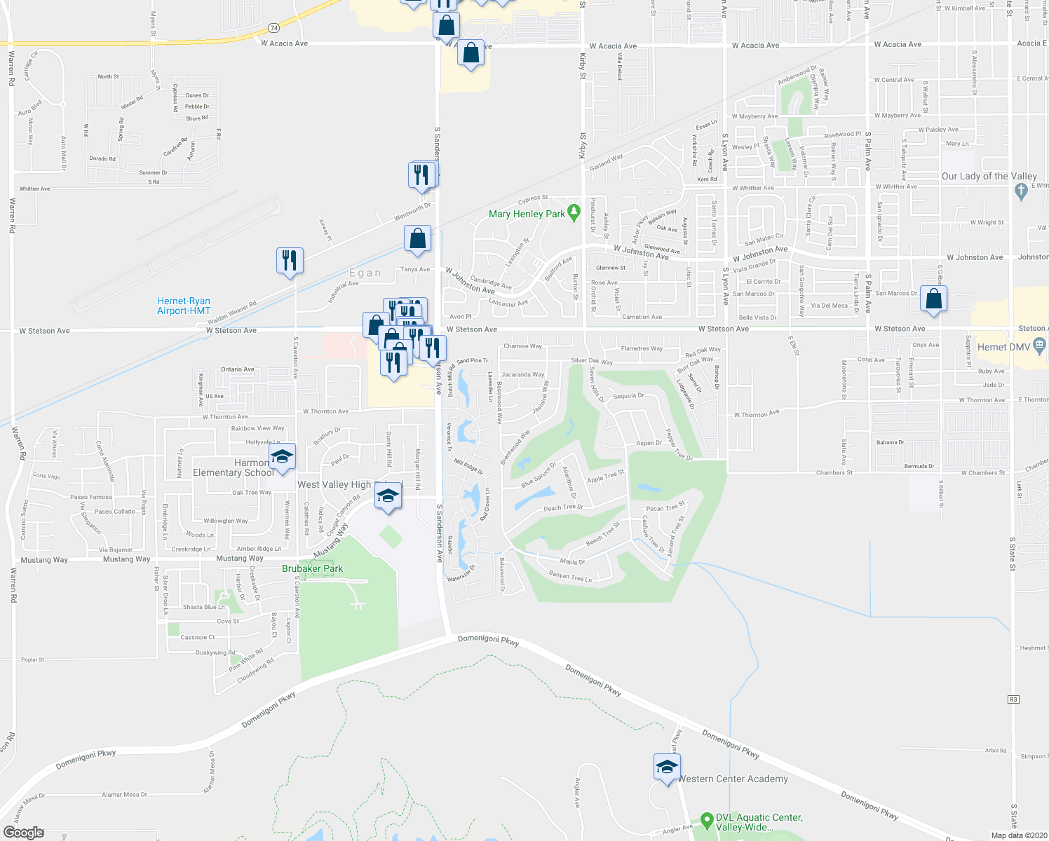 map of restaurants, bars, coffee shops, grocery stores, and more near 1354 Jasmine Way in Hemet