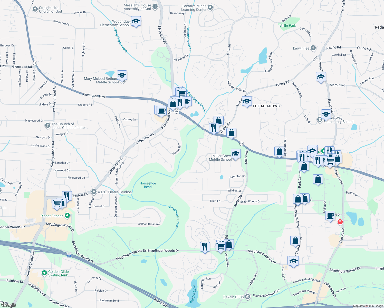 map of restaurants, bars, coffee shops, grocery stores, and more near 4884 Hidden Creek Place in Decatur