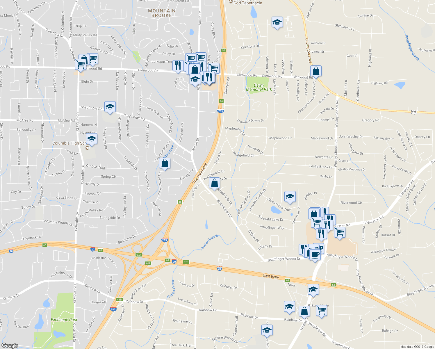 map of restaurants, bars, coffee shops, grocery stores, and more near 3891 Northstrand Drive in Decatur