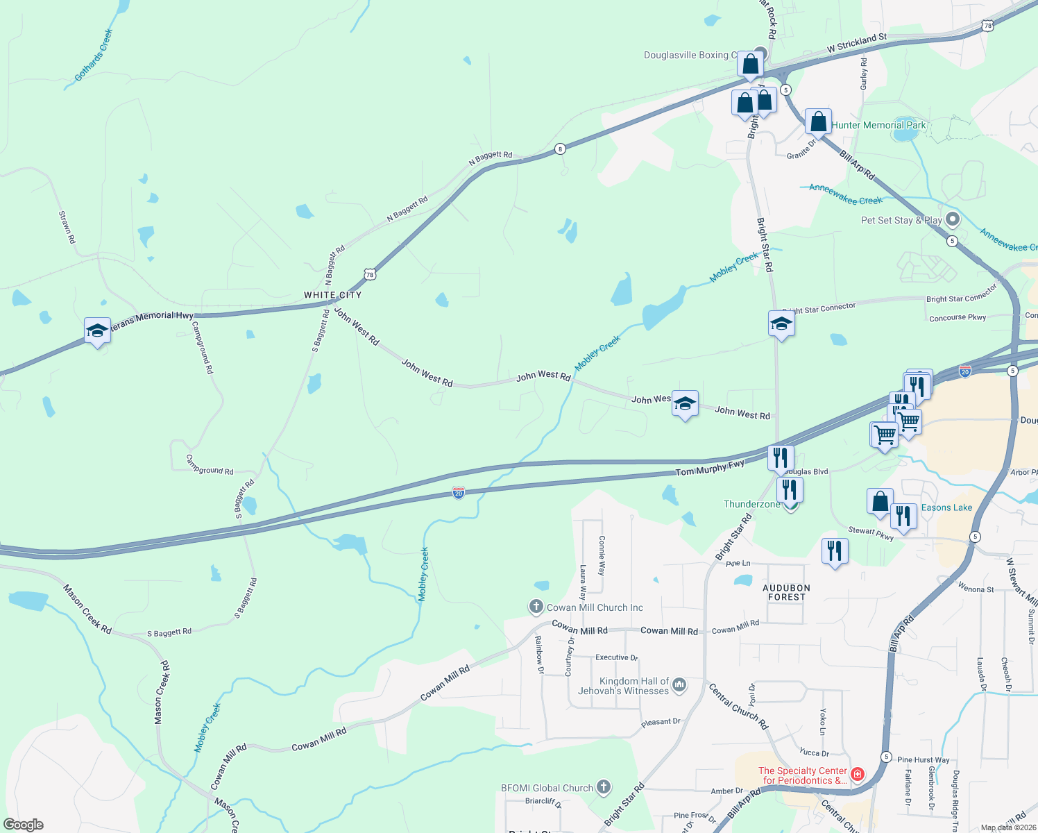 map of restaurants, bars, coffee shops, grocery stores, and more near 6973 Pine Shadow Way in Douglasville