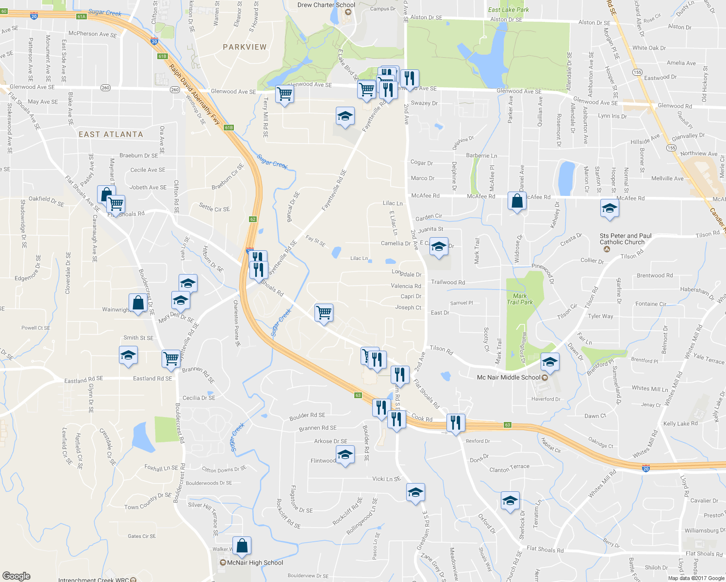 map of restaurants, bars, coffee shops, grocery stores, and more near 2223 Nivelle Drive in Decatur