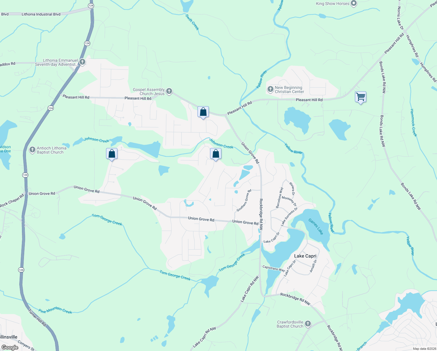 map of restaurants, bars, coffee shops, grocery stores, and more near 2406 Harmony Ridge Court in Lithonia