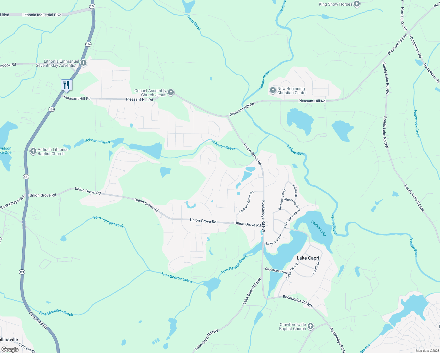 map of restaurants, bars, coffee shops, grocery stores, and more near 2406 Harmony Ridge Ct in Lithonia
