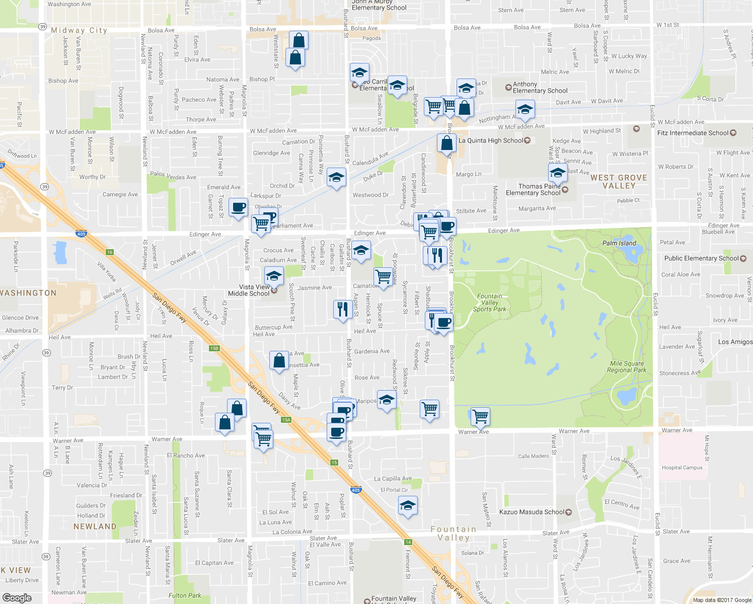 map of restaurants, bars, coffee shops, grocery stores, and more near 16357 Spruce Street in Fountain Valley