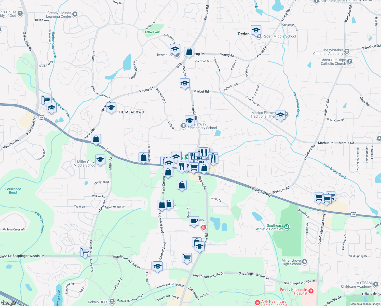 map of restaurants, bars, coffee shops, grocery stores, and more near 2193 Panola Road in Lithonia