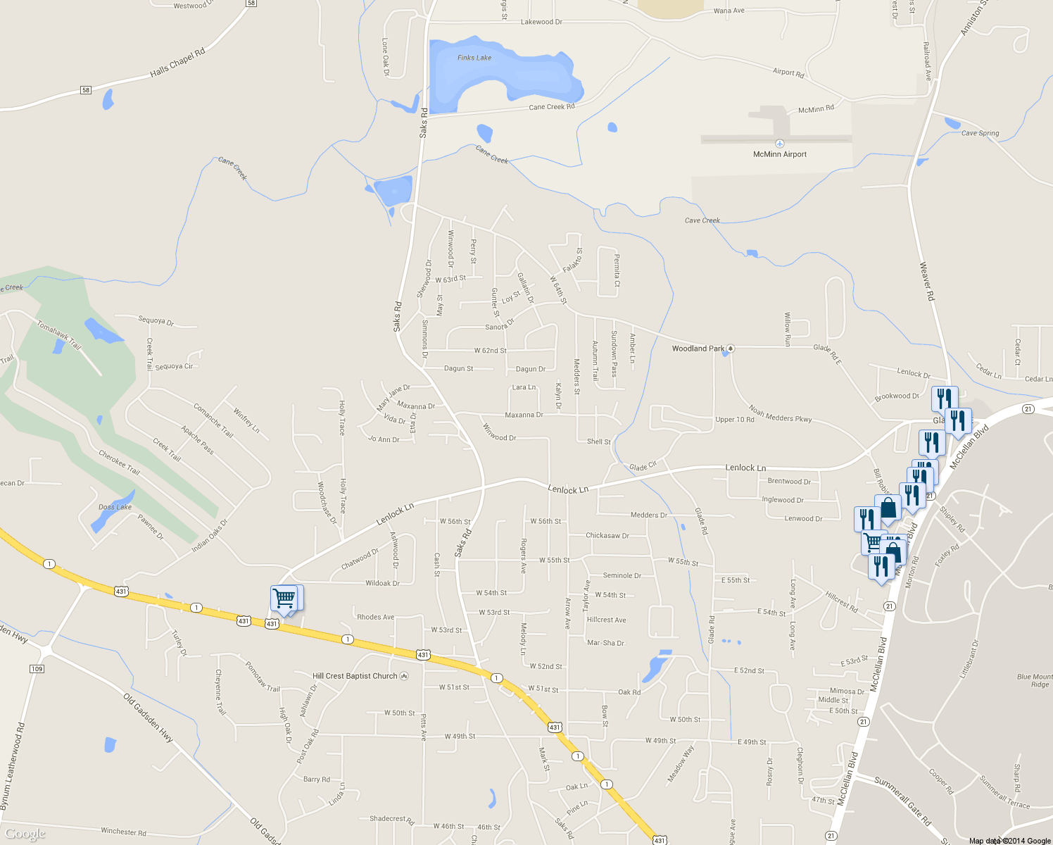 map of restaurants, bars, coffee shops, grocery stores, and more near 614 Maxanna Drive in Anniston