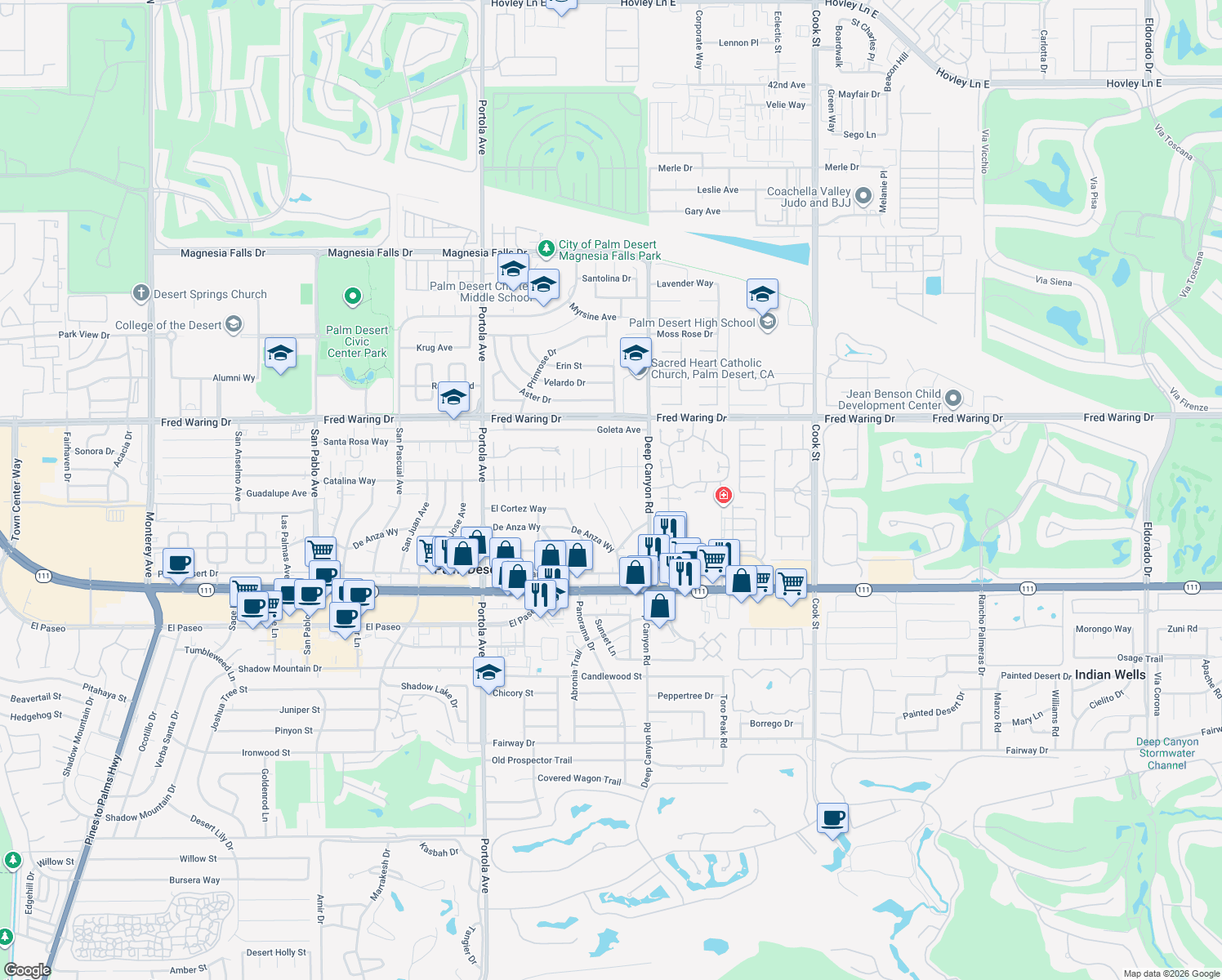 map of restaurants, bars, coffee shops, grocery stores, and more near 44476 Hazel Canyon Lane in Palm Desert