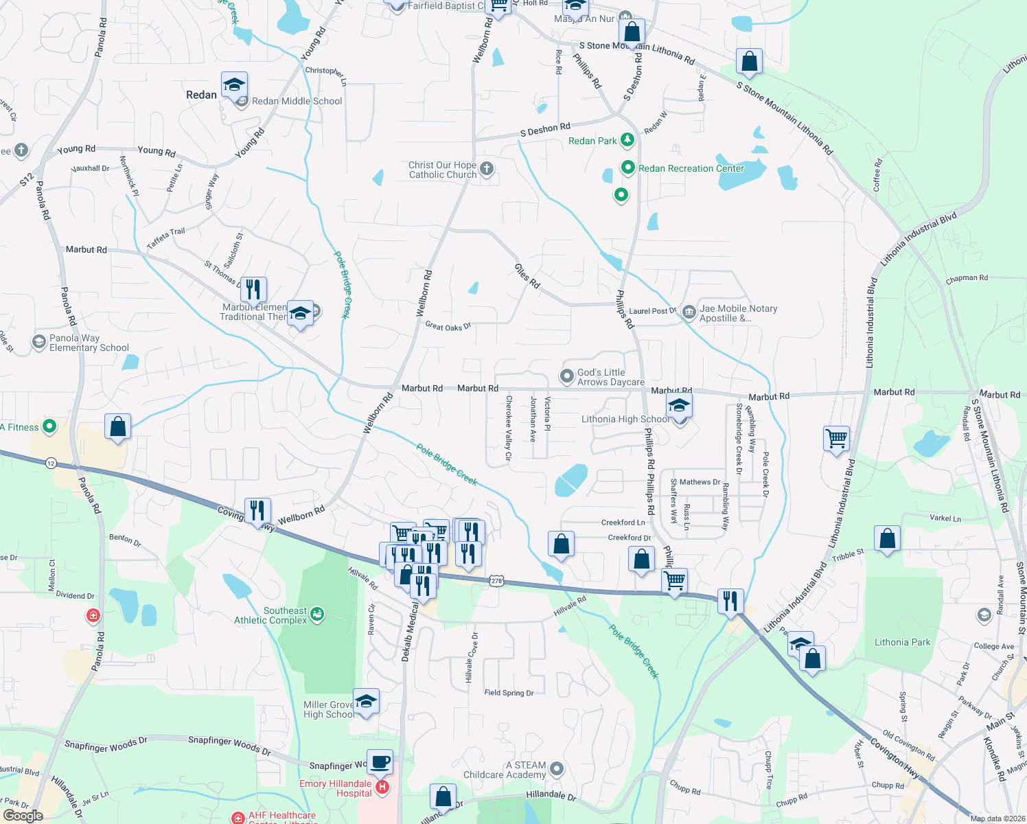 map of restaurants, bars, coffee shops, grocery stores, and more near 2331 Cherokee Valley Cir in Lithonia