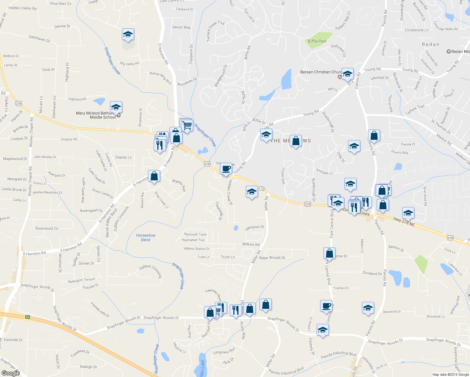 map of restaurants, bars, coffee shops, grocery stores, and more near 5649 Covington Highway in Decatur