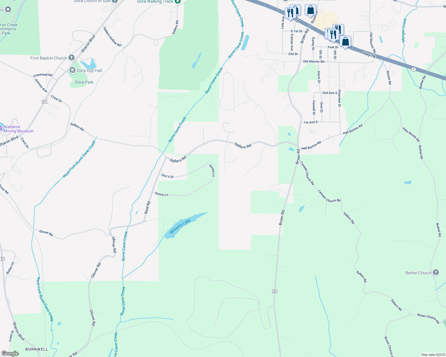 map of restaurants, bars, coffee shops, grocery stores, and more near 278 Dogwood Lane in Dora