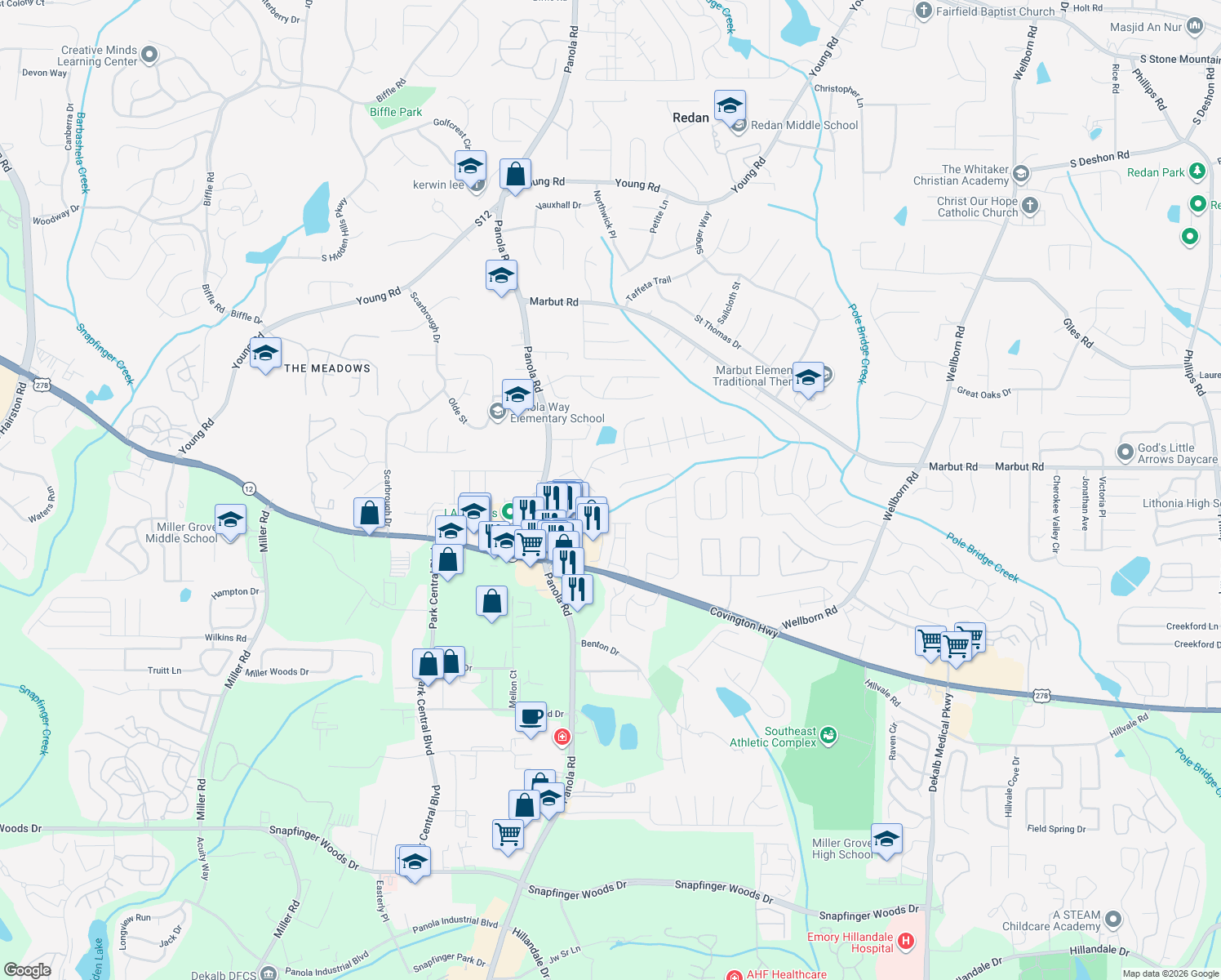 map of restaurants, bars, coffee shops, grocery stores, and more near 2479 Briar Knoll Road in Lithonia