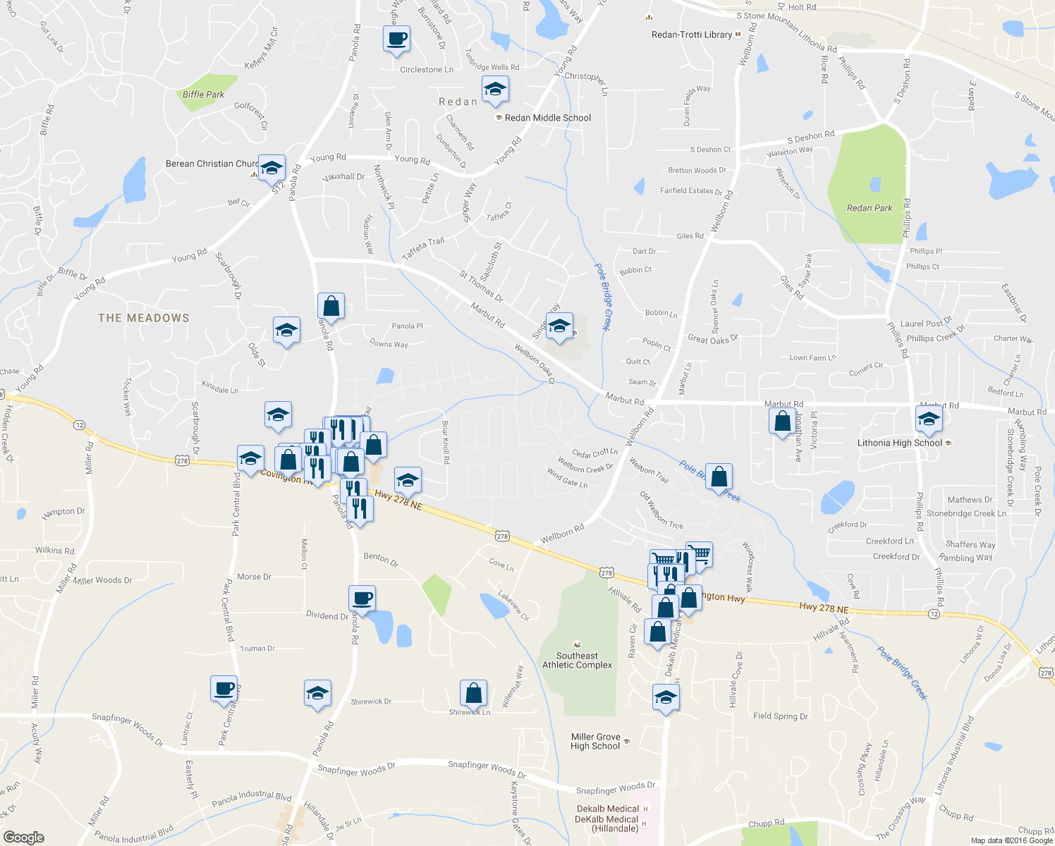 map of restaurants, bars, coffee shops, grocery stores, and more near 5712 Cedar Croft Lane in Lithonia