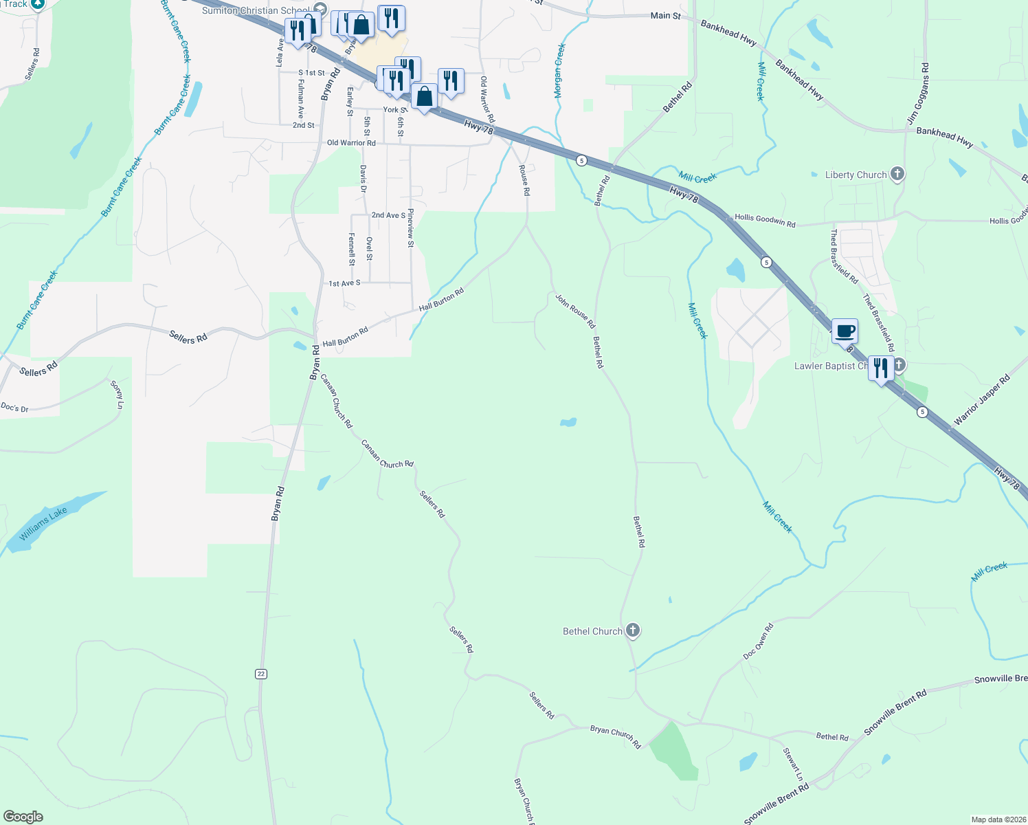 map of restaurants, bars, coffee shops, grocery stores, and more near 7440 Bethel Road in Dora