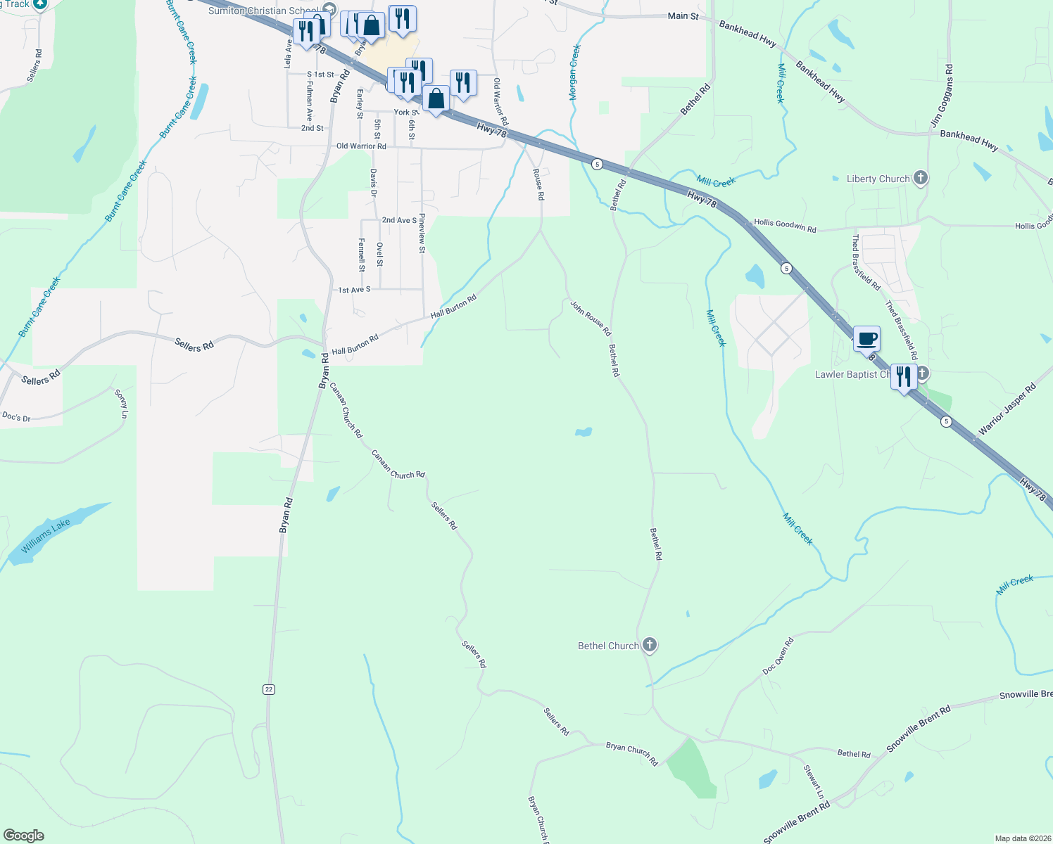 map of restaurants, bars, coffee shops, grocery stores, and more near 7440 Bethel Road in Dora