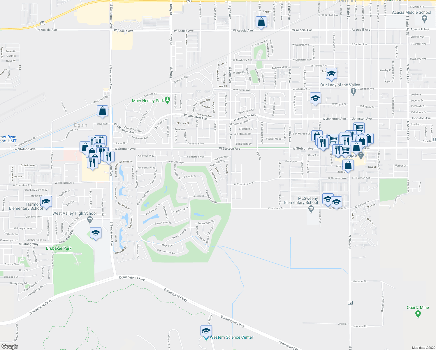 map of restaurants, bars, coffee shops, grocery stores, and more near 1279 Sorrel Drive in Hemet