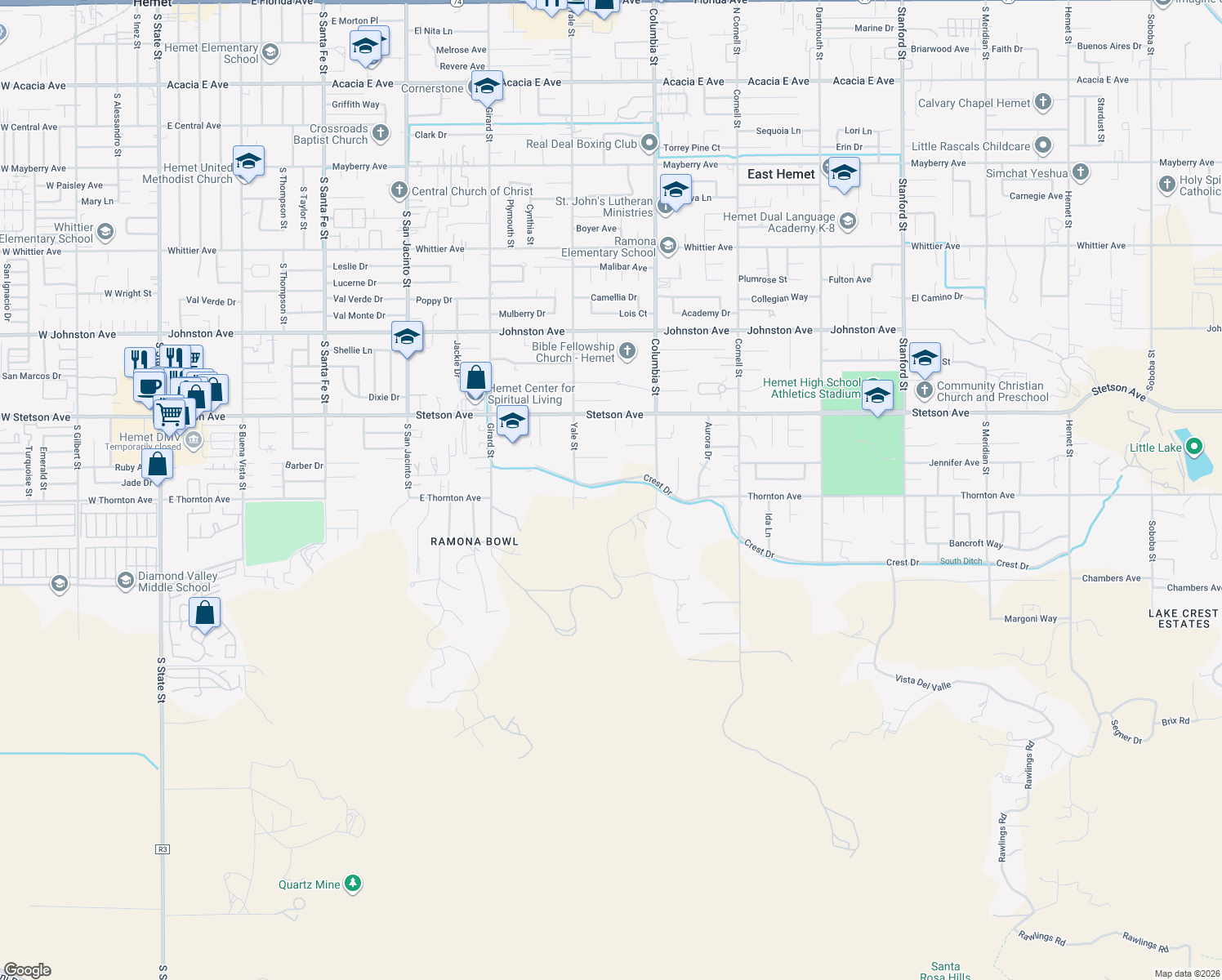 map of restaurants, bars, coffee shops, grocery stores, and more near 40867 Crest Drive in Hemet