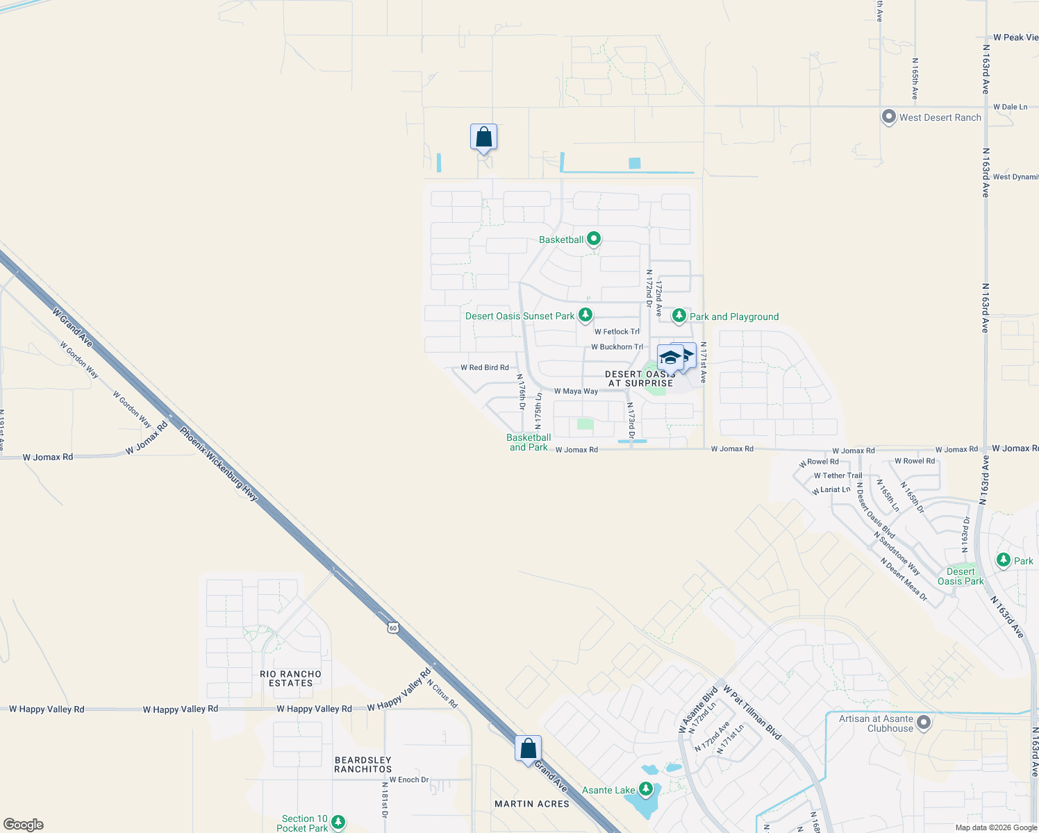 map of restaurants, bars, coffee shops, grocery stores, and more near 17623 West Cavedale Drive in Surprise
