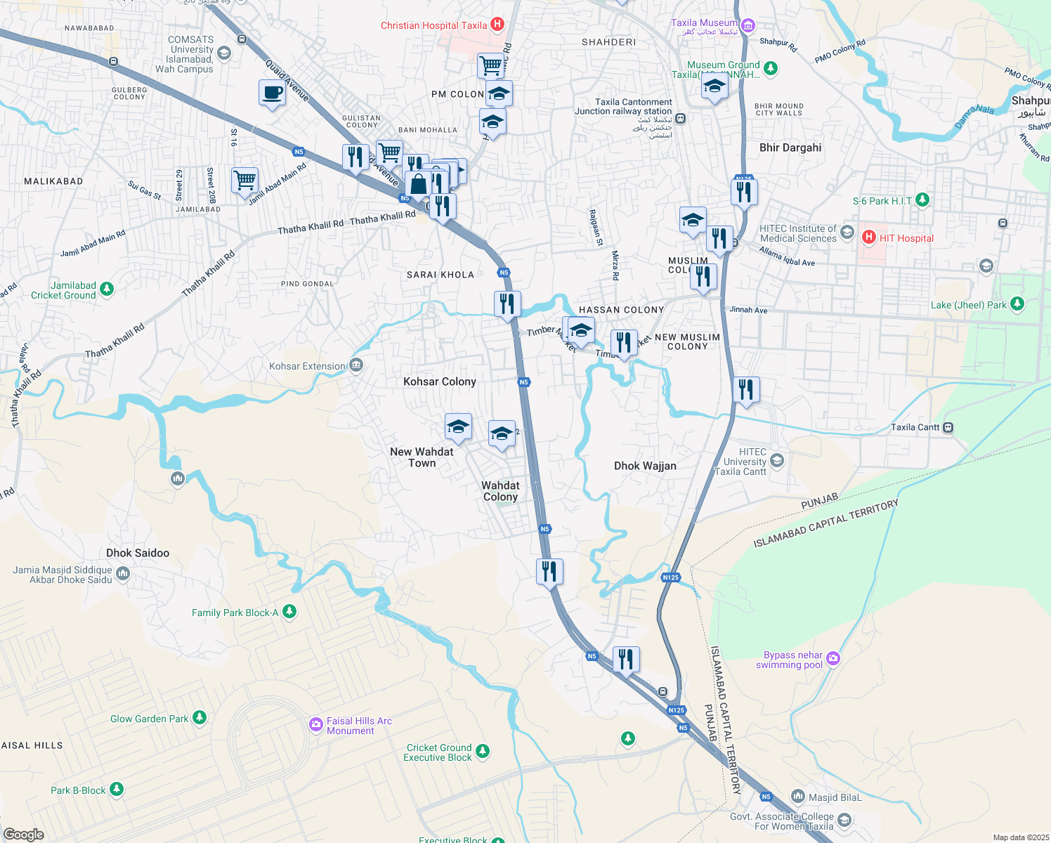 map of restaurants, bars, coffee shops, grocery stores, and more near Grand Trunk Road in Taxila