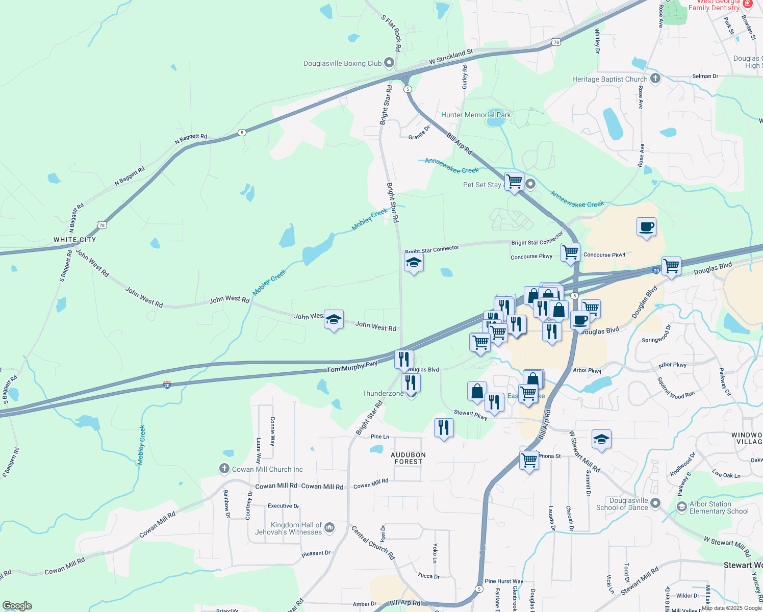 map of restaurants, bars, coffee shops, grocery stores, and more near 6213 Cherry Lane in Douglasville