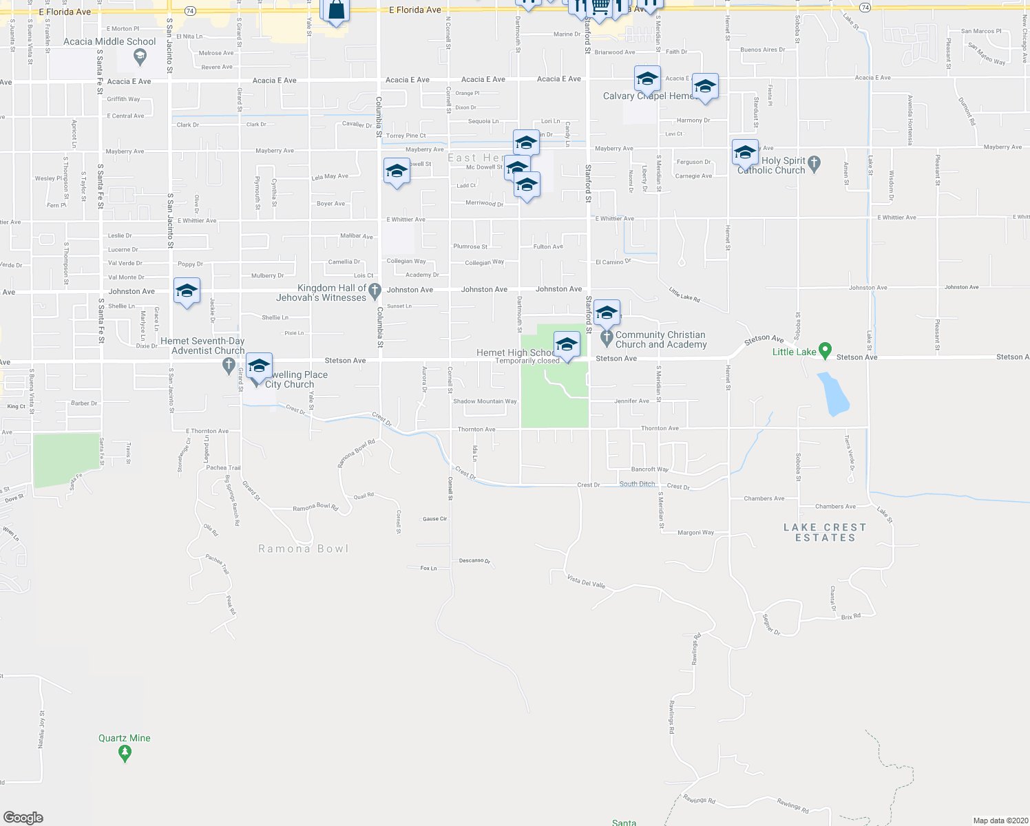 map of restaurants, bars, coffee shops, grocery stores, and more near 27195 Dartmouth Street in Hemet
