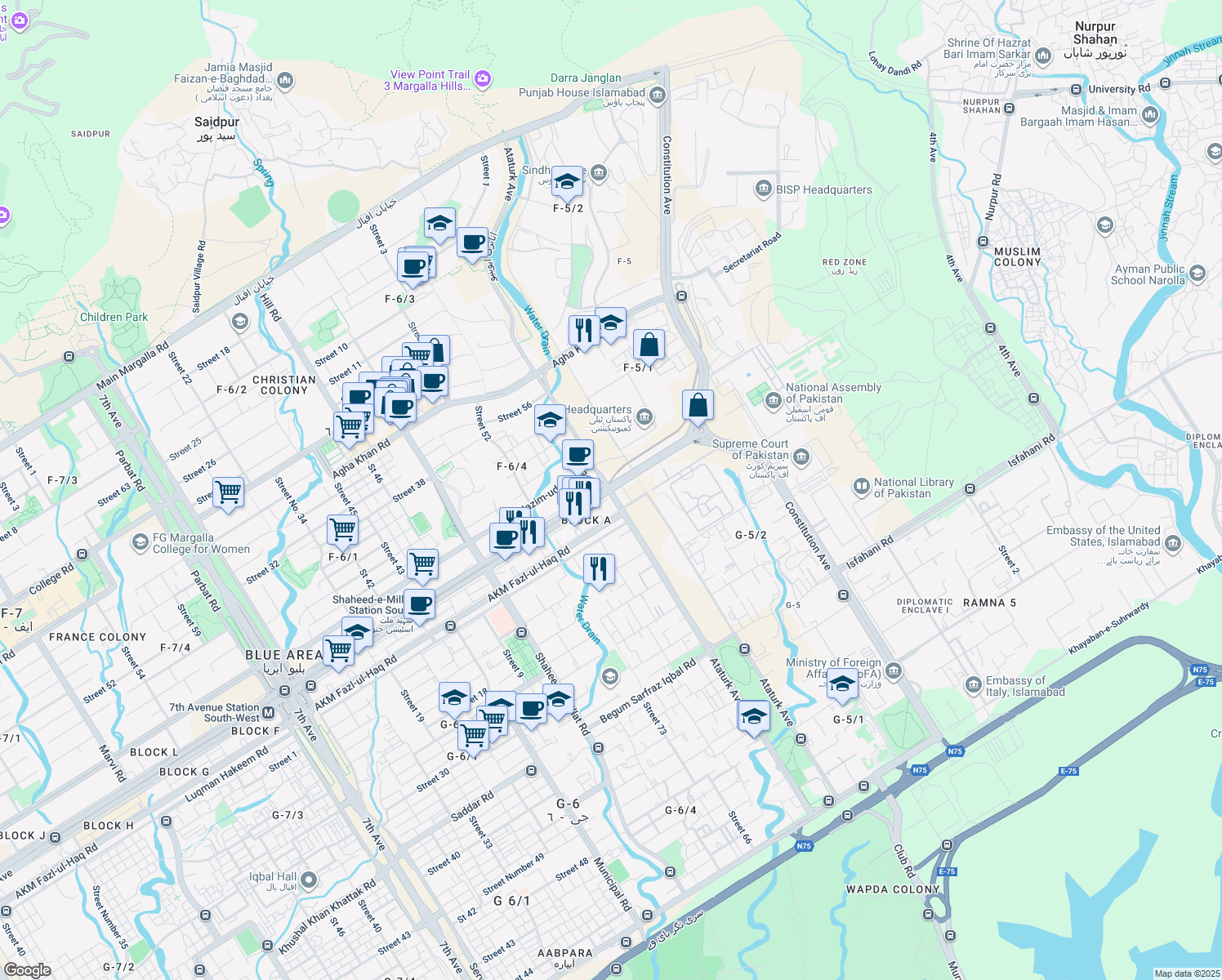map of restaurants, bars, coffee shops, grocery stores, and more near Ataturk Avenue in Islamabad
