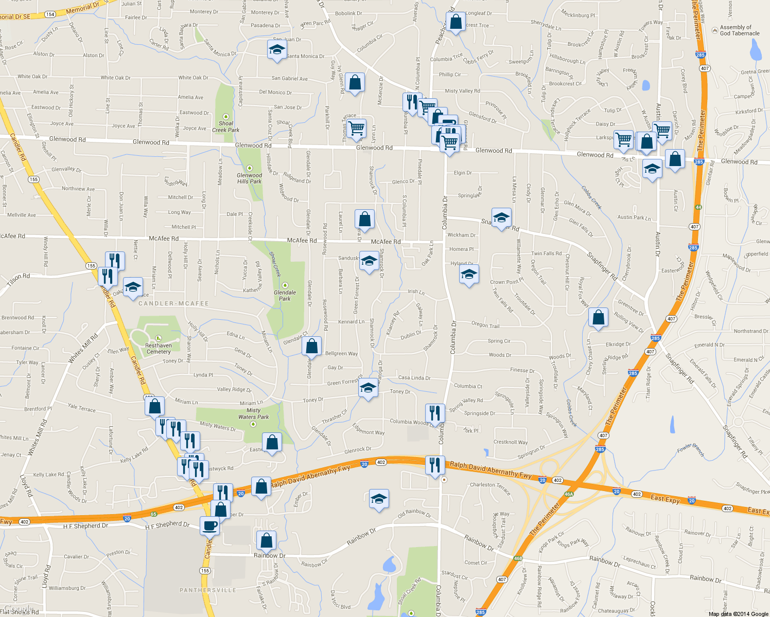 map of restaurants, bars, coffee shops, grocery stores, and more near 3249 Shamrock Ct in Decatur
