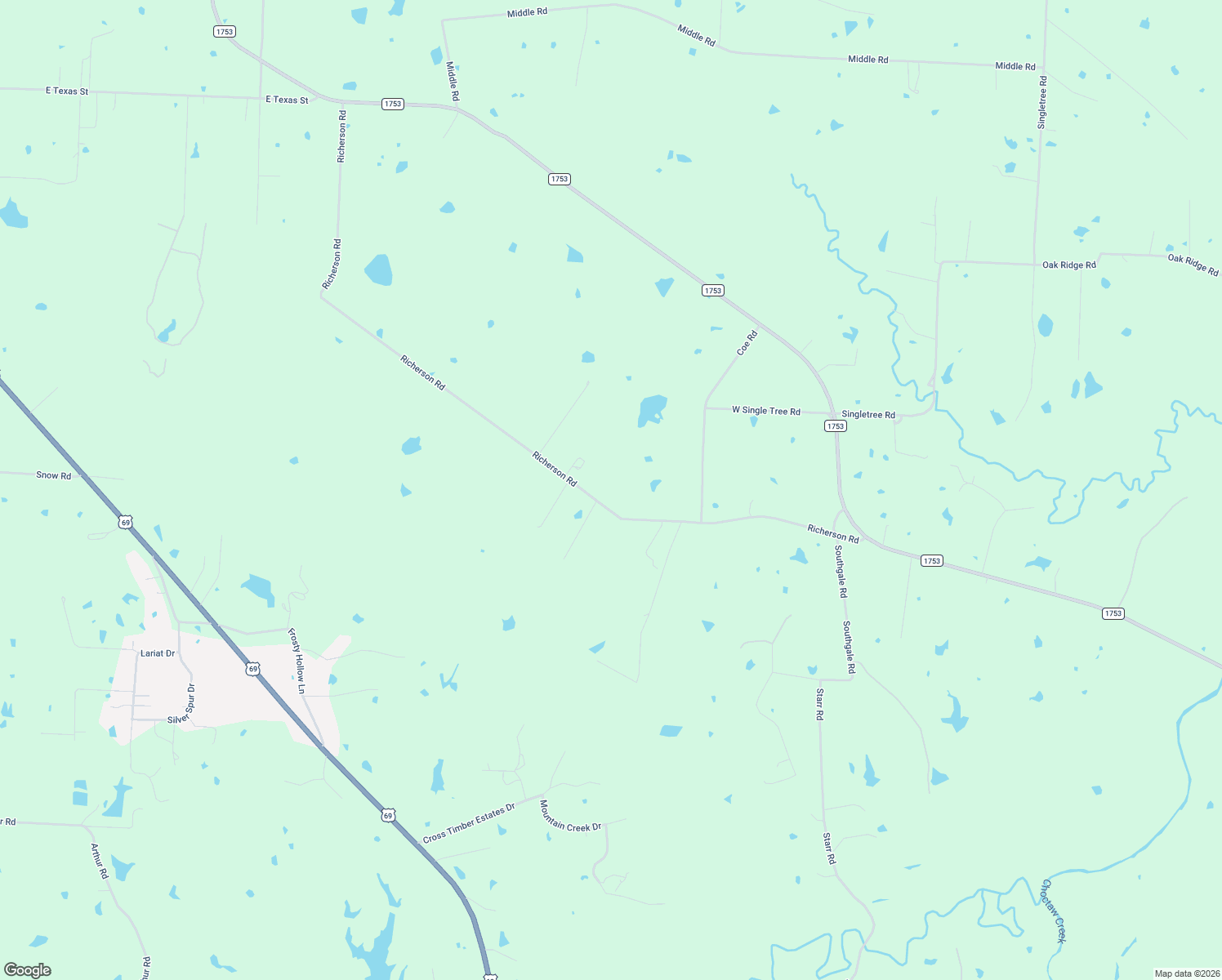 map of restaurants, bars, coffee shops, grocery stores, and more near 1625 Richerson Road in Denison
