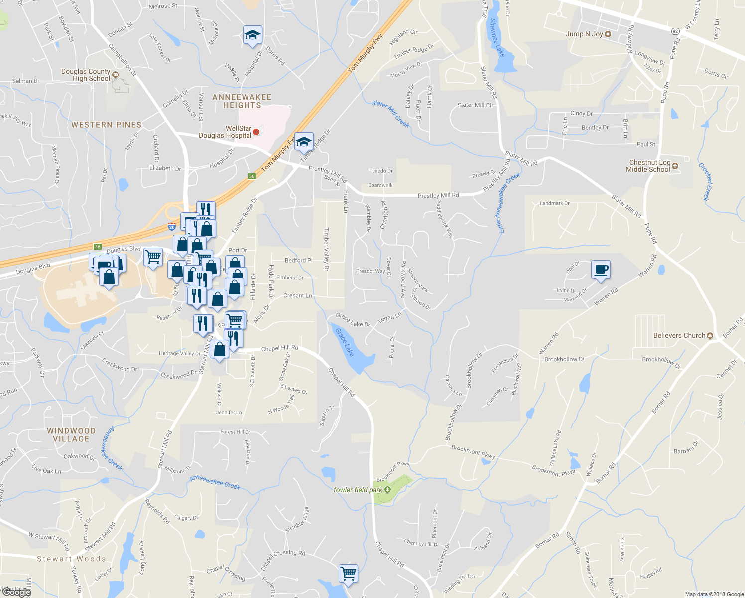 map of restaurants, bars, coffee shops, grocery stores, and more near 2920 Stanway Avenue in Douglasville