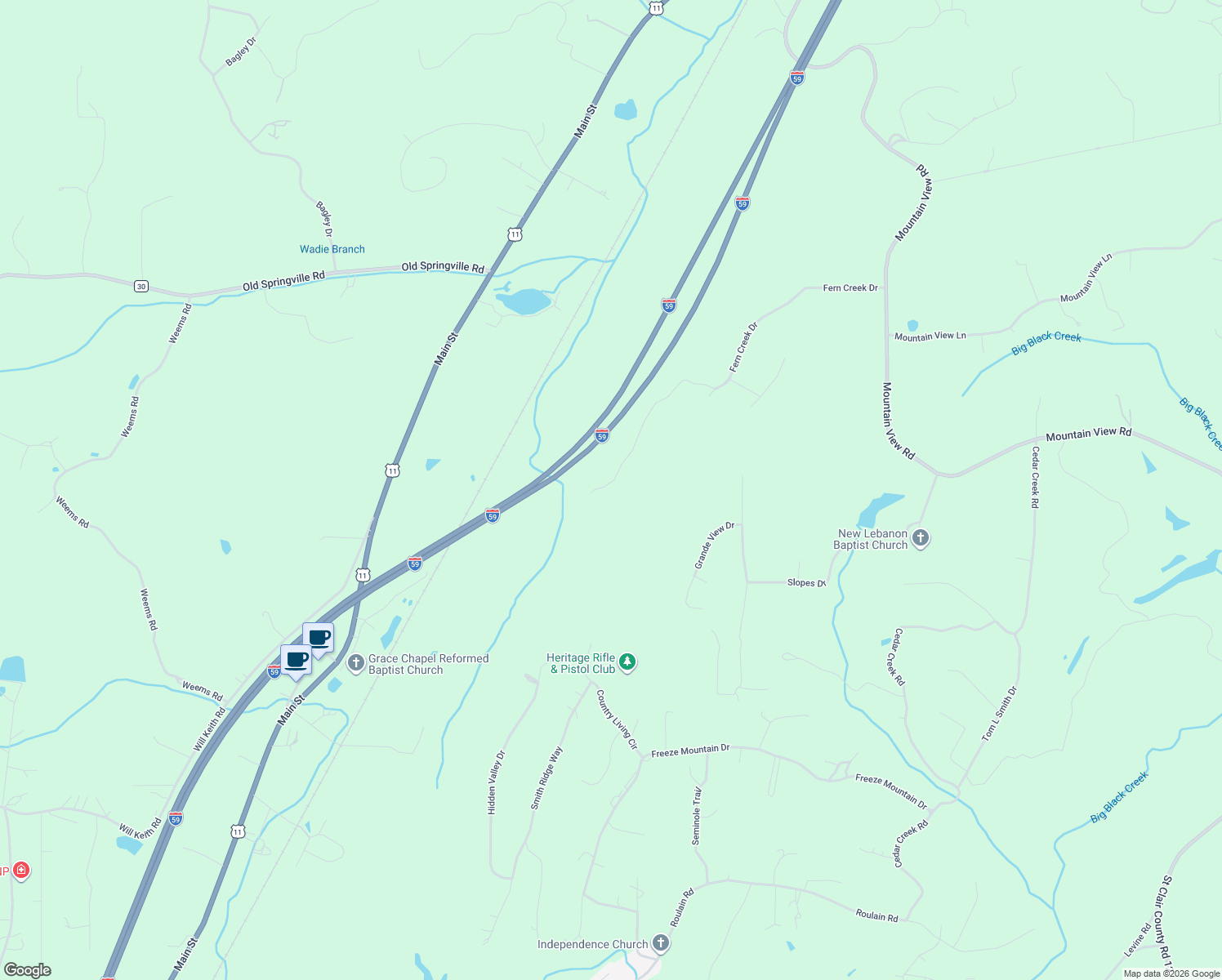 map of restaurants, bars, coffee shops, grocery stores, and more near 471 Fern Creek Drive in Springville
