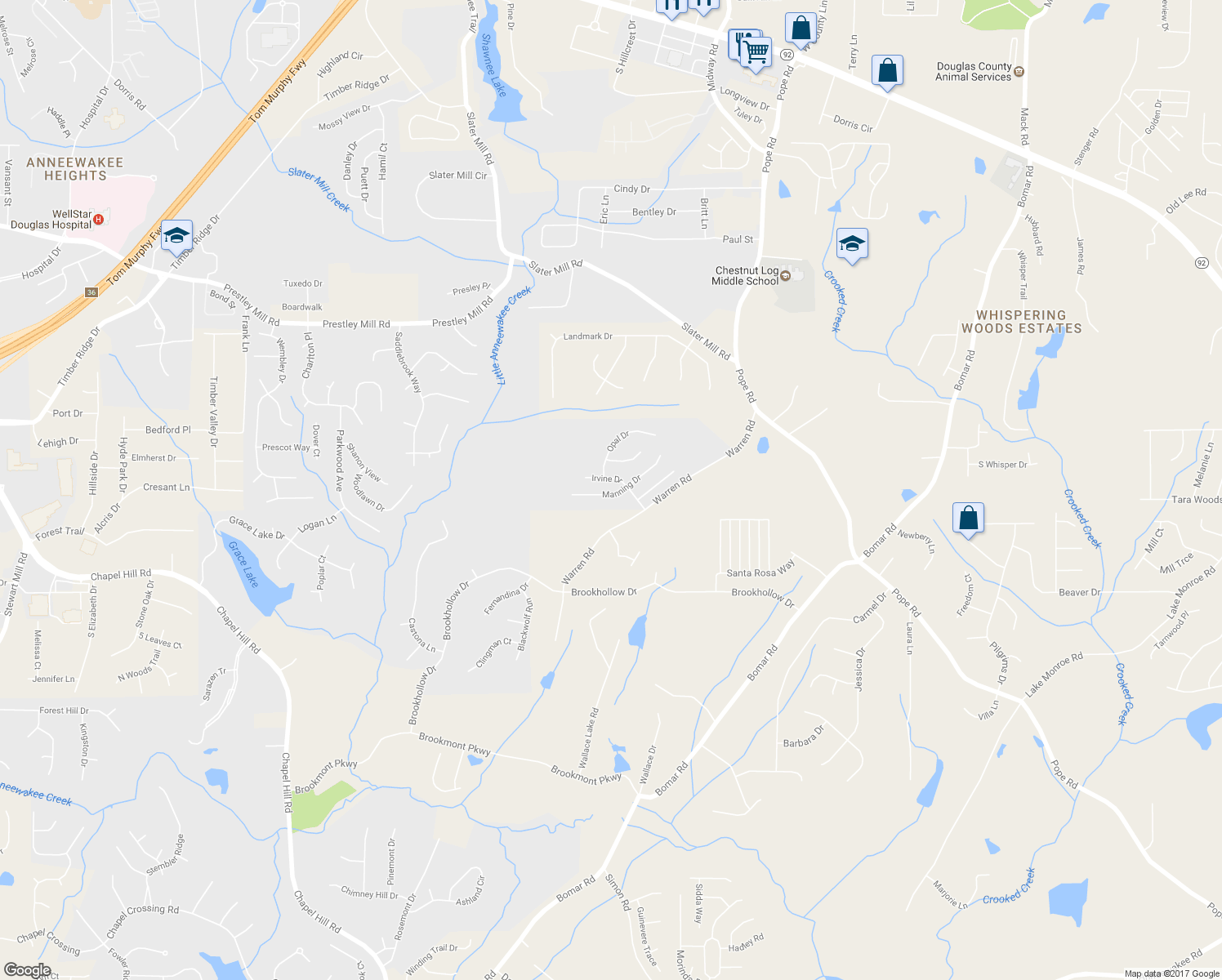 map of restaurants, bars, coffee shops, grocery stores, and more near 5060 Manning Drive in Douglasville