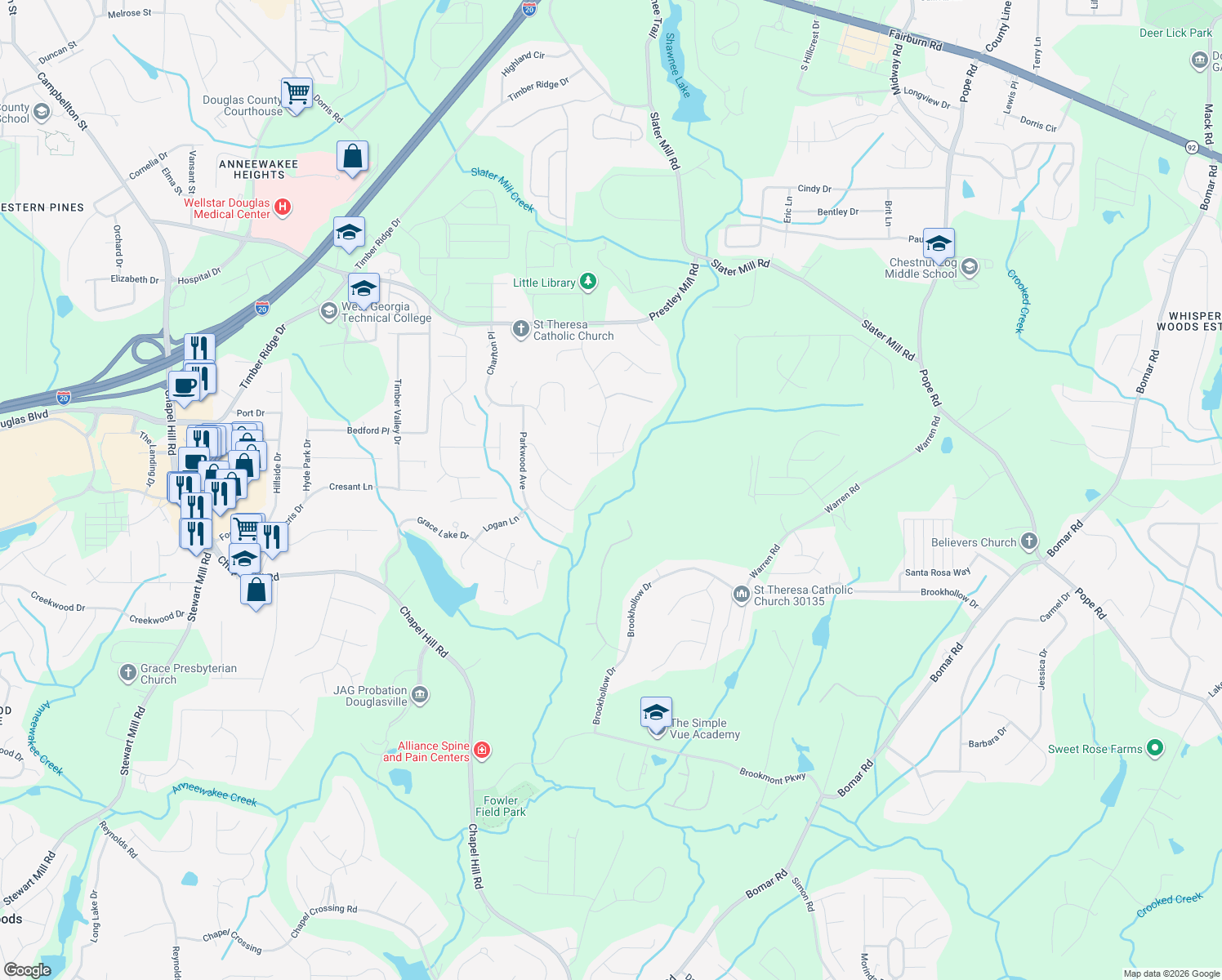 map of restaurants, bars, coffee shops, grocery stores, and more near 9455 Woodlawn Drive in Douglasville