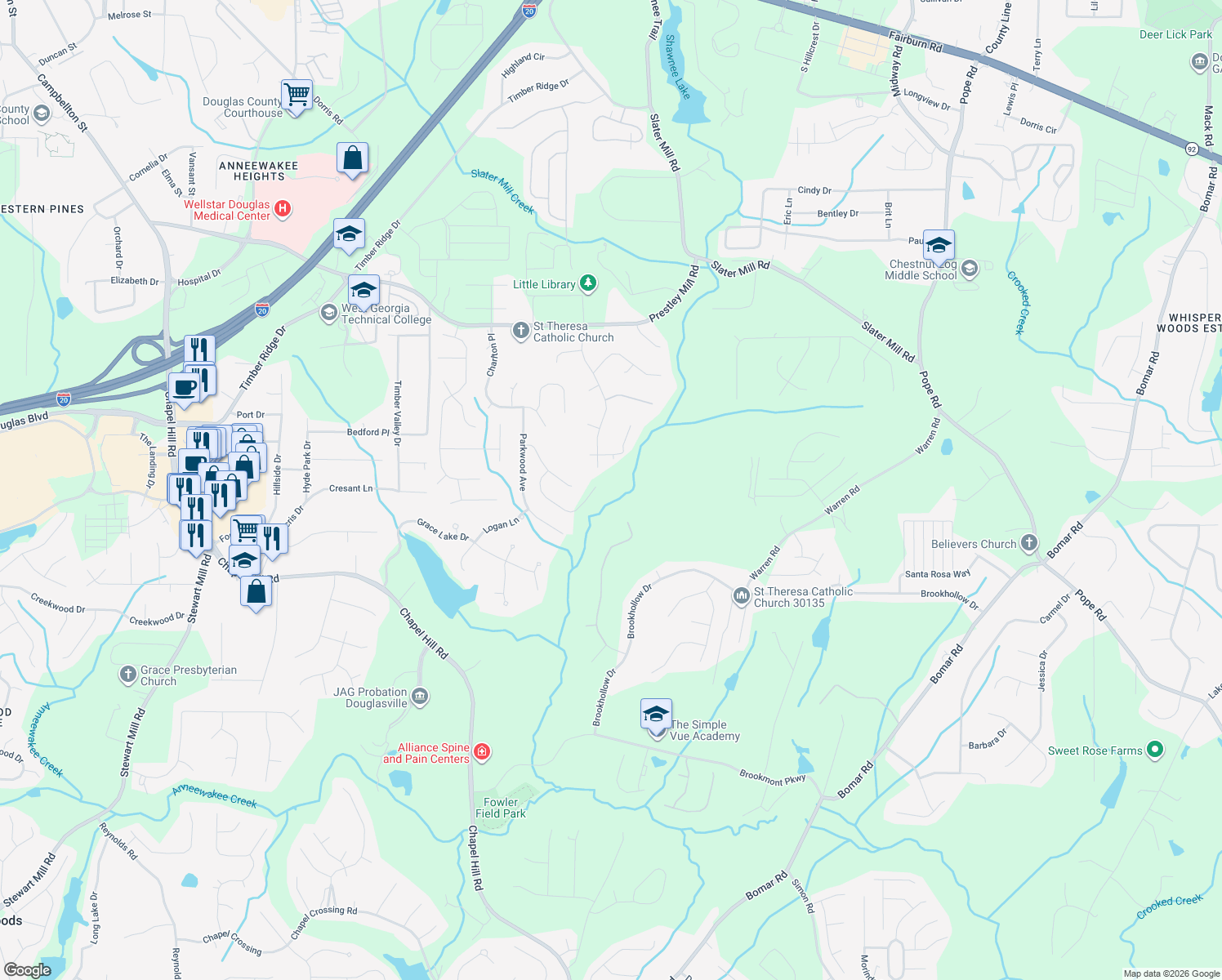 map of restaurants, bars, coffee shops, grocery stores, and more near 9455 Woodlawn Dr in Douglasville
