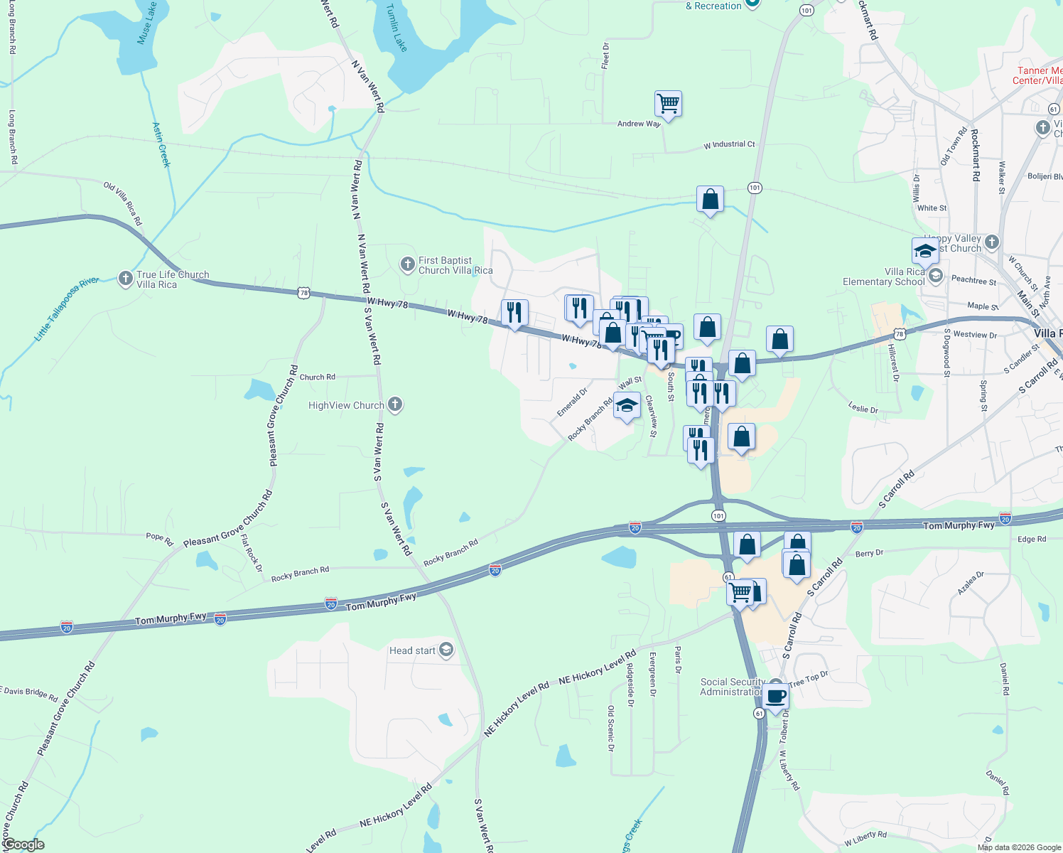 map of restaurants, bars, coffee shops, grocery stores, and more near 1012 Sapphire Street in Villa Rica