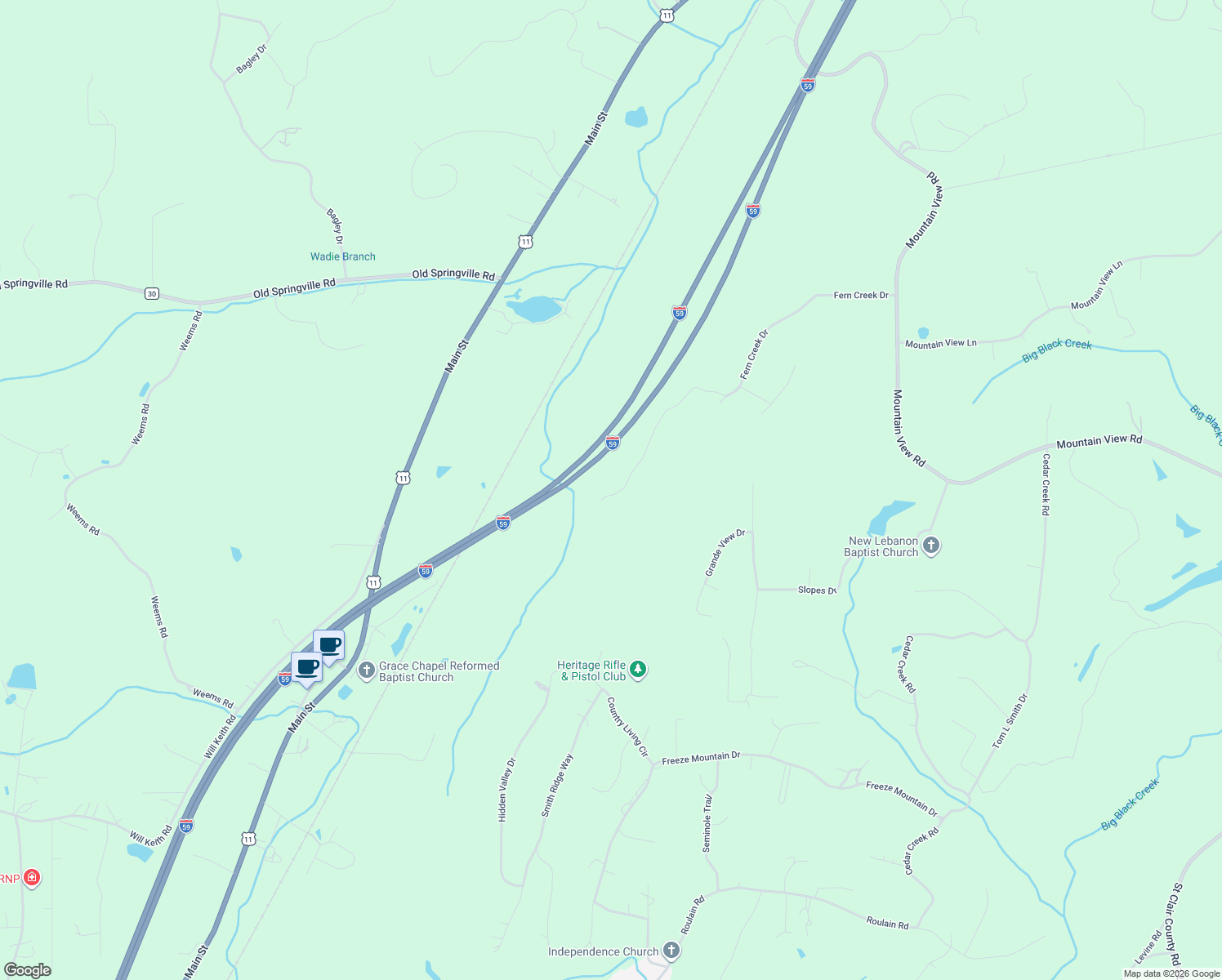 map of restaurants, bars, coffee shops, grocery stores, and more near 471 Fern Creek Drive in Springville