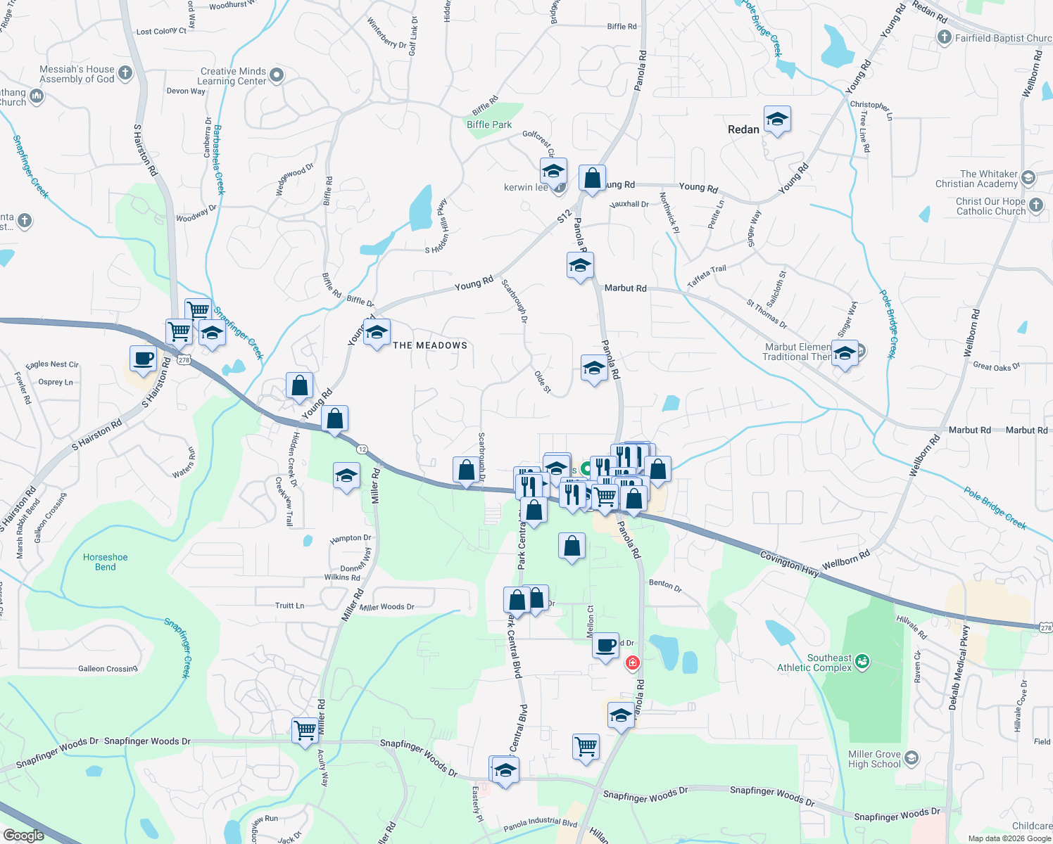 map of restaurants, bars, coffee shops, grocery stores, and more near 5308 Kinsdale Lane in Stone Mountain