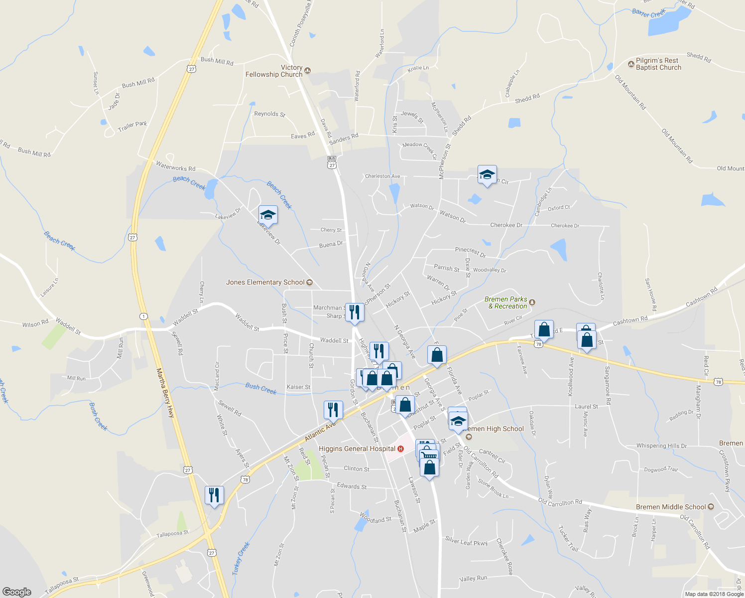 map of restaurants, bars, coffee shops, grocery stores, and more near 406 McPherson Street in Bremen