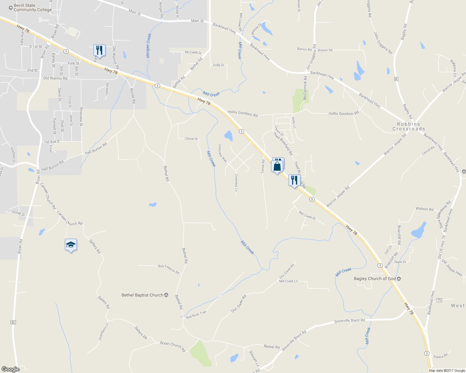 map of restaurants, bars, coffee shops, grocery stores, and more near 7480 Cresview Lane in Dora