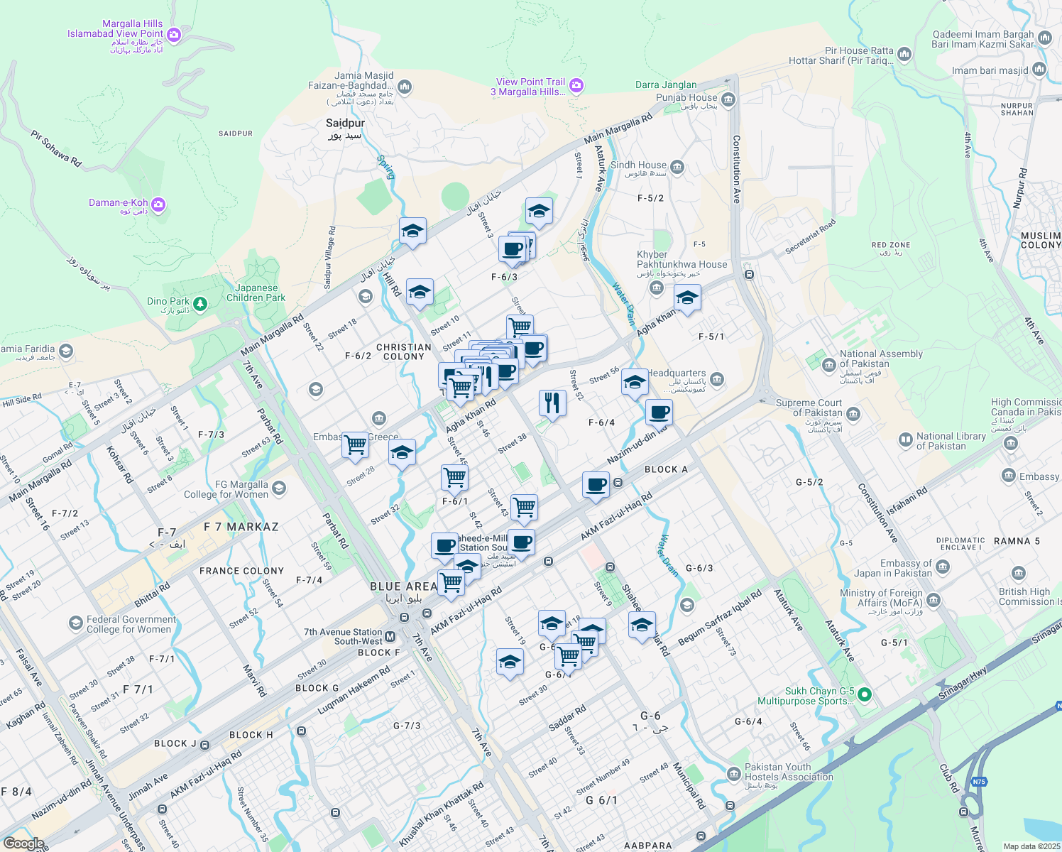 map of restaurants, bars, coffee shops, grocery stores, and more near Street Number 49 in Islamabad