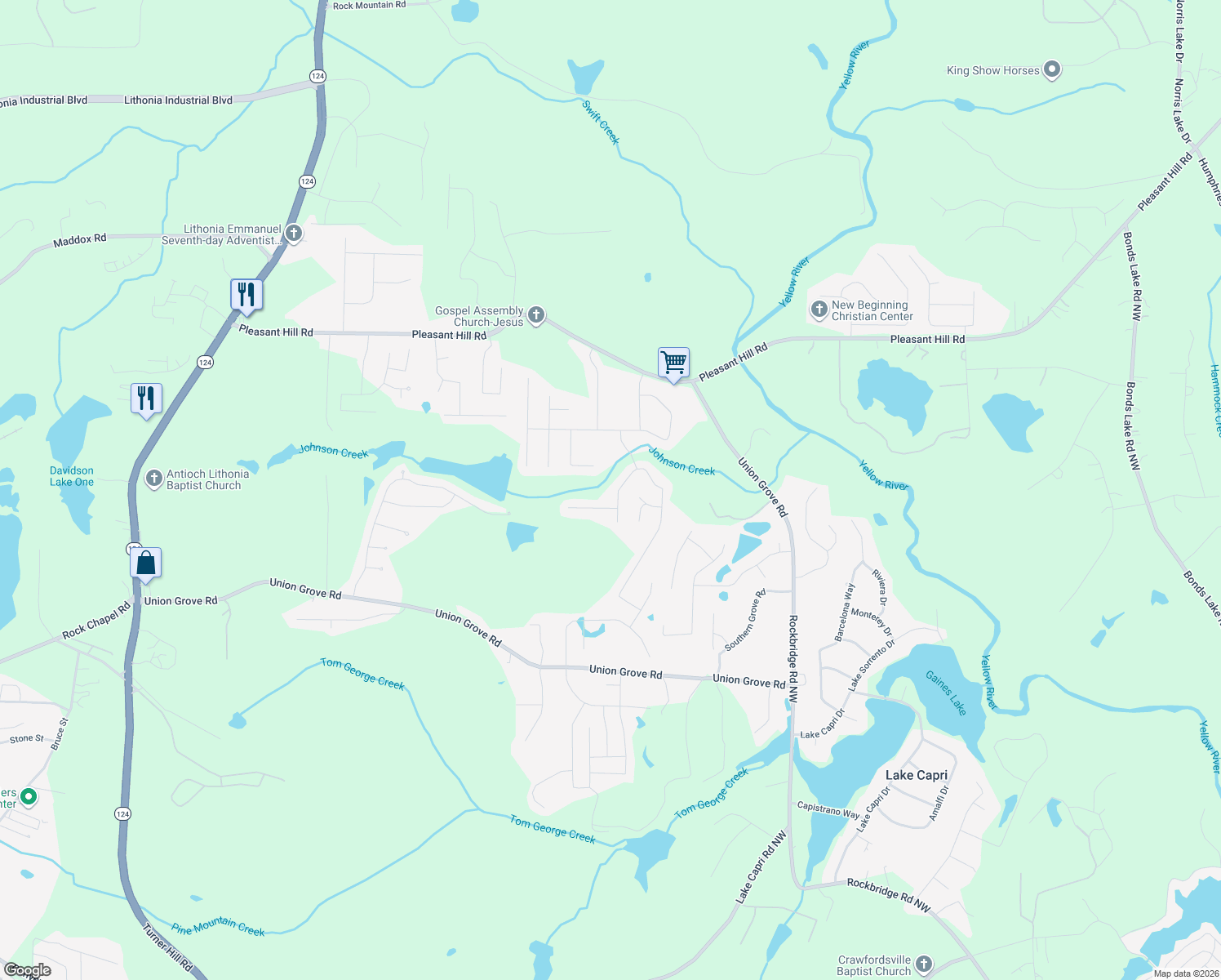 map of restaurants, bars, coffee shops, grocery stores, and more near 2282 Benson Ridge in Lithonia