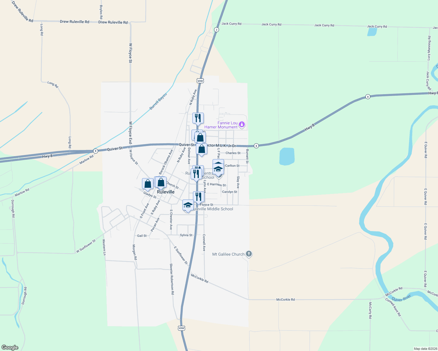 map of restaurants, bars, coffee shops, grocery stores, and more near 398 L F Packer Drive in Ruleville
