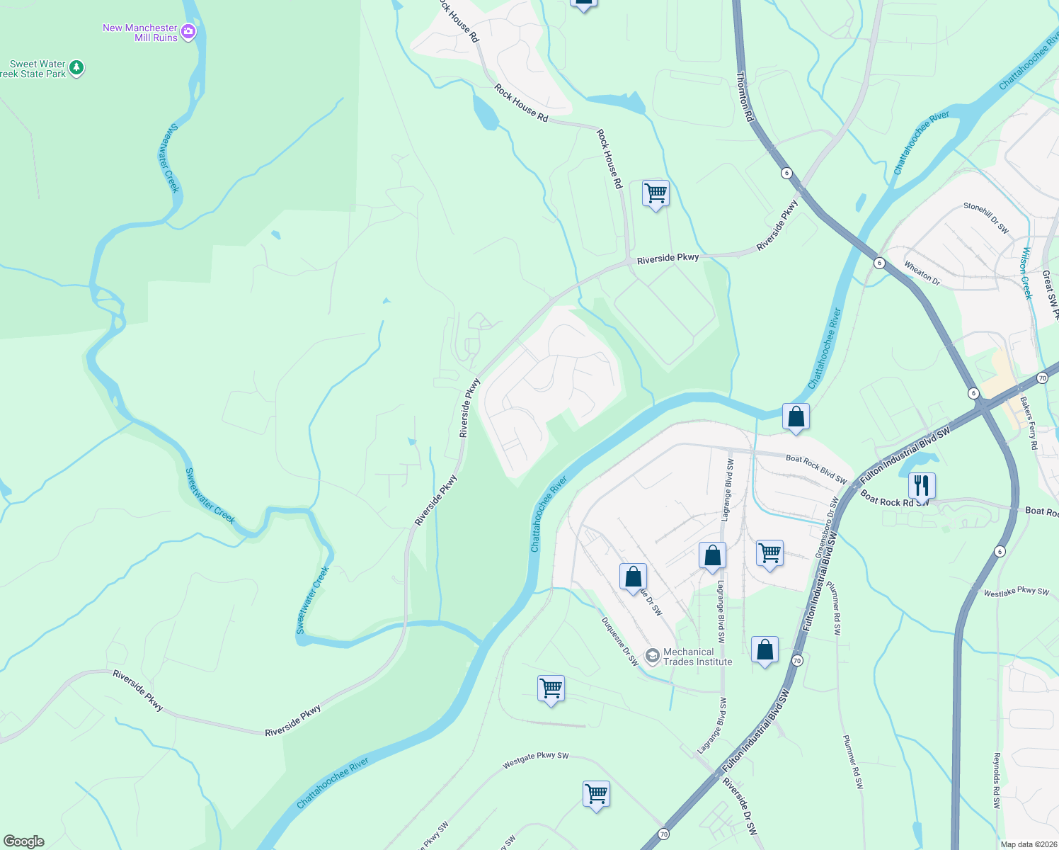 map of restaurants, bars, coffee shops, grocery stores, and more near 1572 Brunswick Street in Lithia Springs