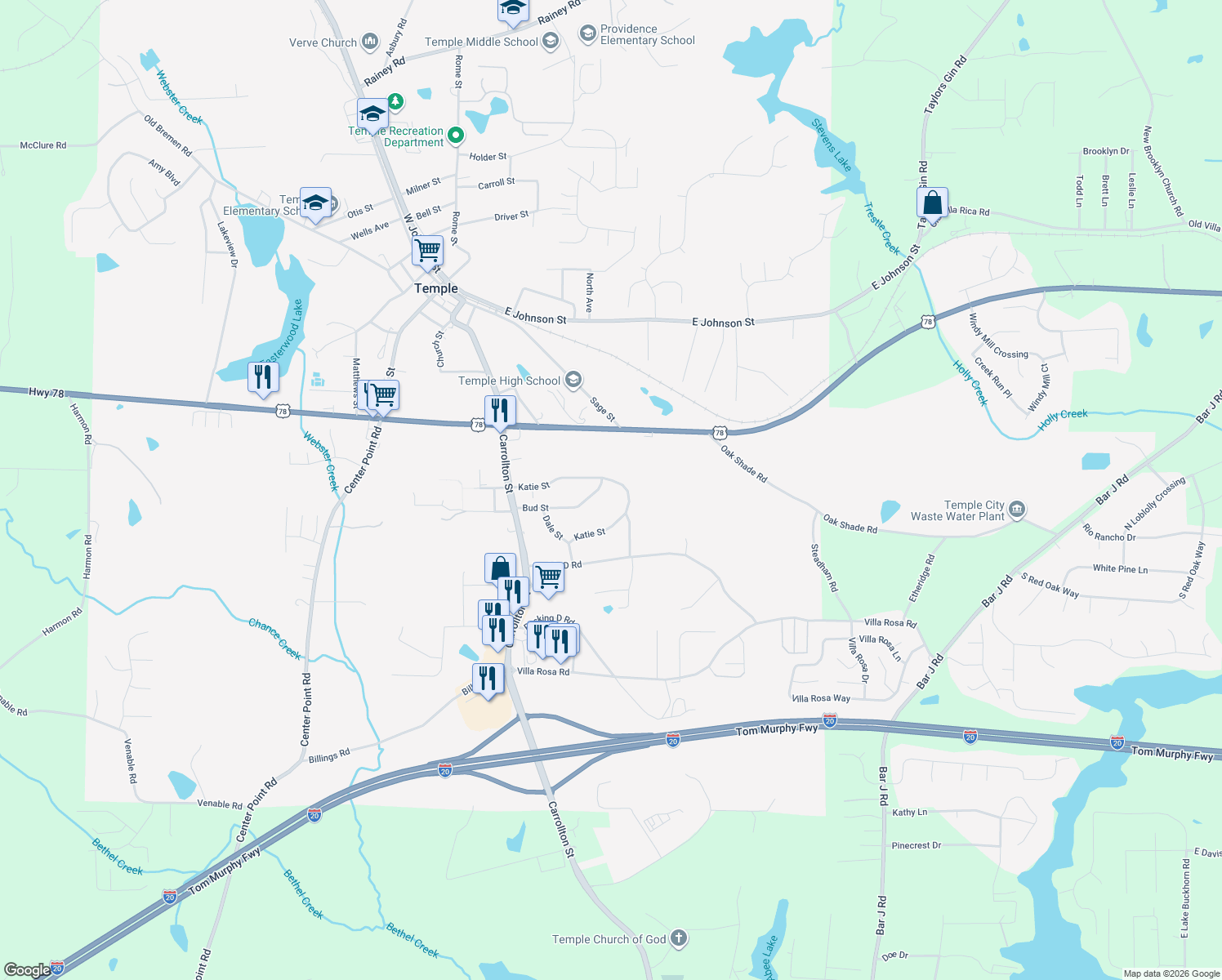 map of restaurants, bars, coffee shops, grocery stores, and more near 161 Katie Street in Temple