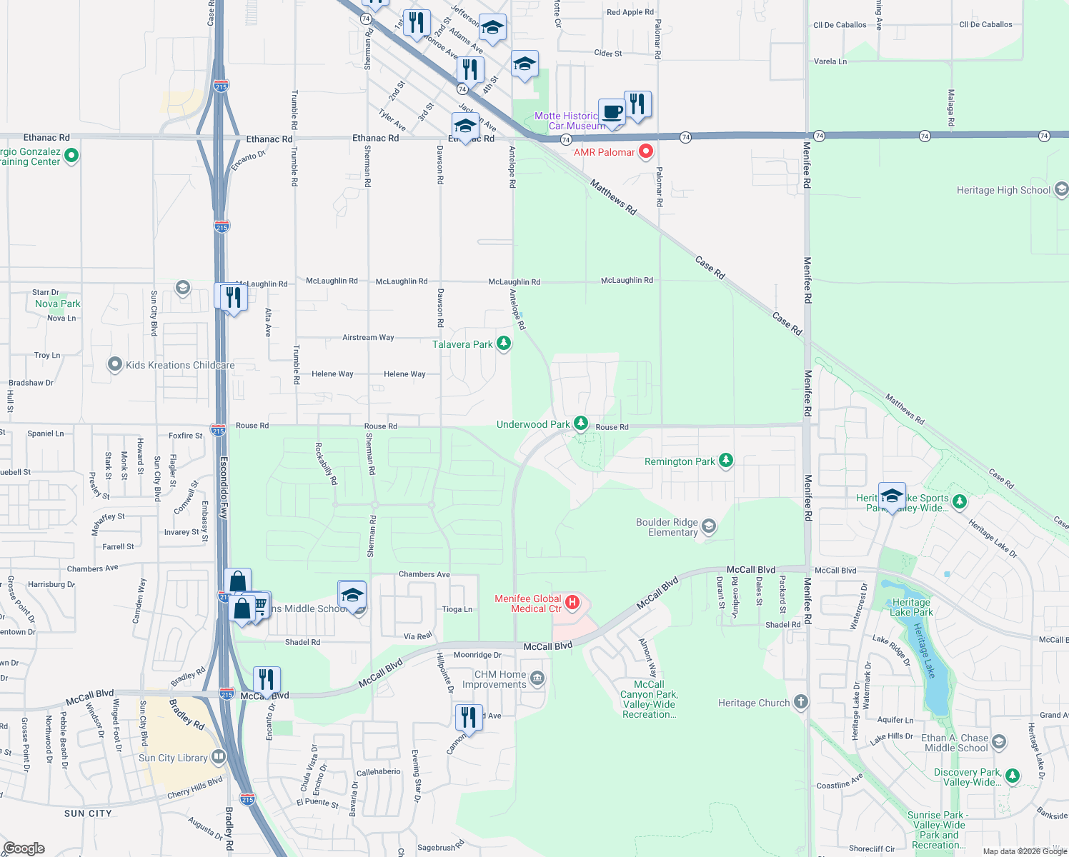 map of restaurants, bars, coffee shops, grocery stores, and more near 28184 Echo Court in Menifee