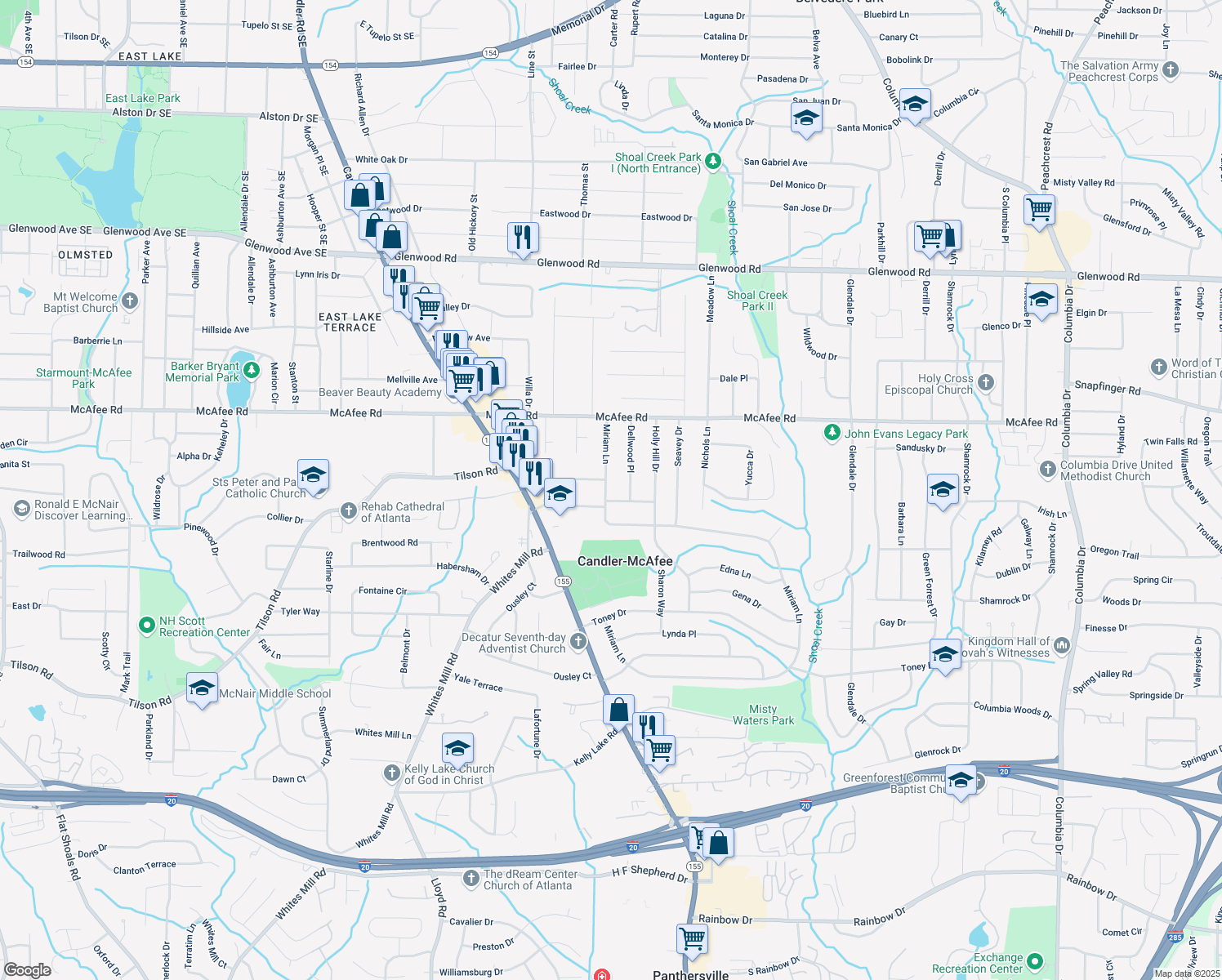 map of restaurants, bars, coffee shops, grocery stores, and more near 2106 Miriam Lane in Decatur