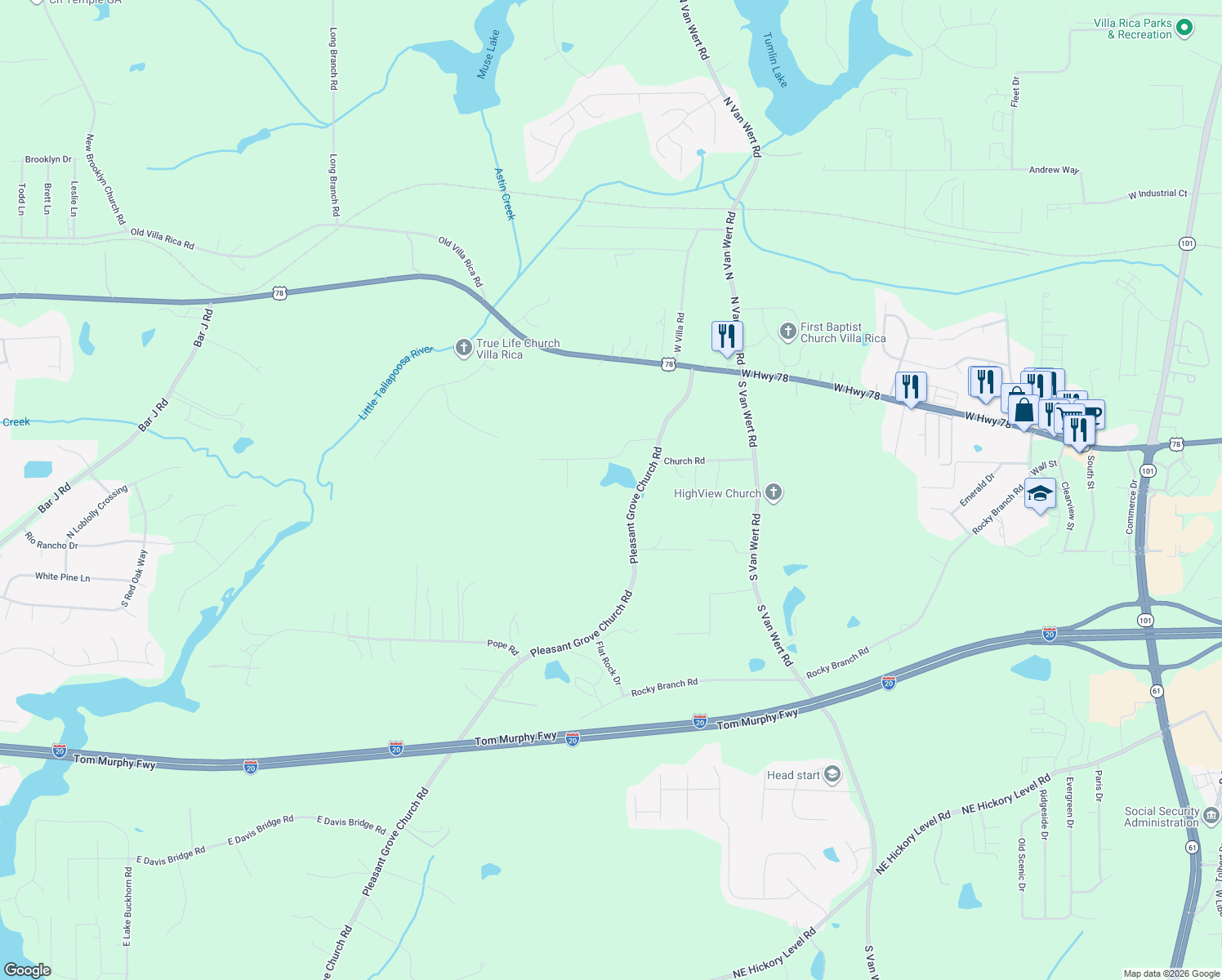 map of restaurants, bars, coffee shops, grocery stores, and more near 1109 Pleasant Grove Church Road in Villa Rica
