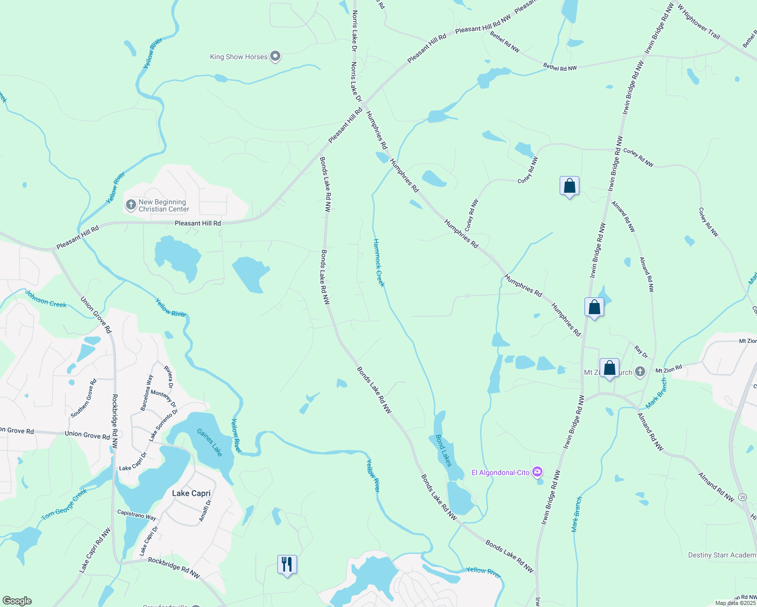 map of restaurants, bars, coffee shops, grocery stores, and more near 3107 Hammock Creek Court in Conyers