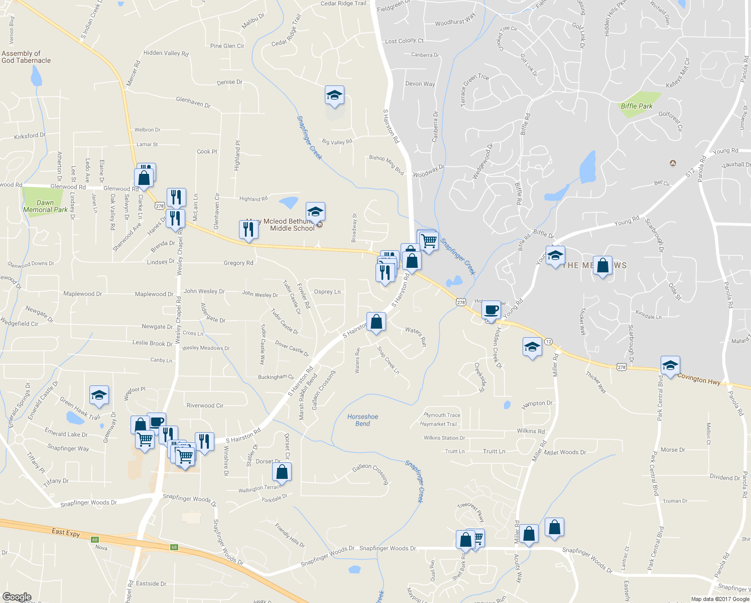 map of restaurants, bars, coffee shops, grocery stores, and more near 2065 Resting Creek Drive in Decatur