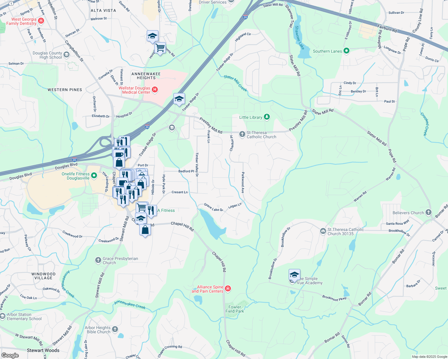 map of restaurants, bars, coffee shops, grocery stores, and more near 3617 Prescot Way in Douglasville
